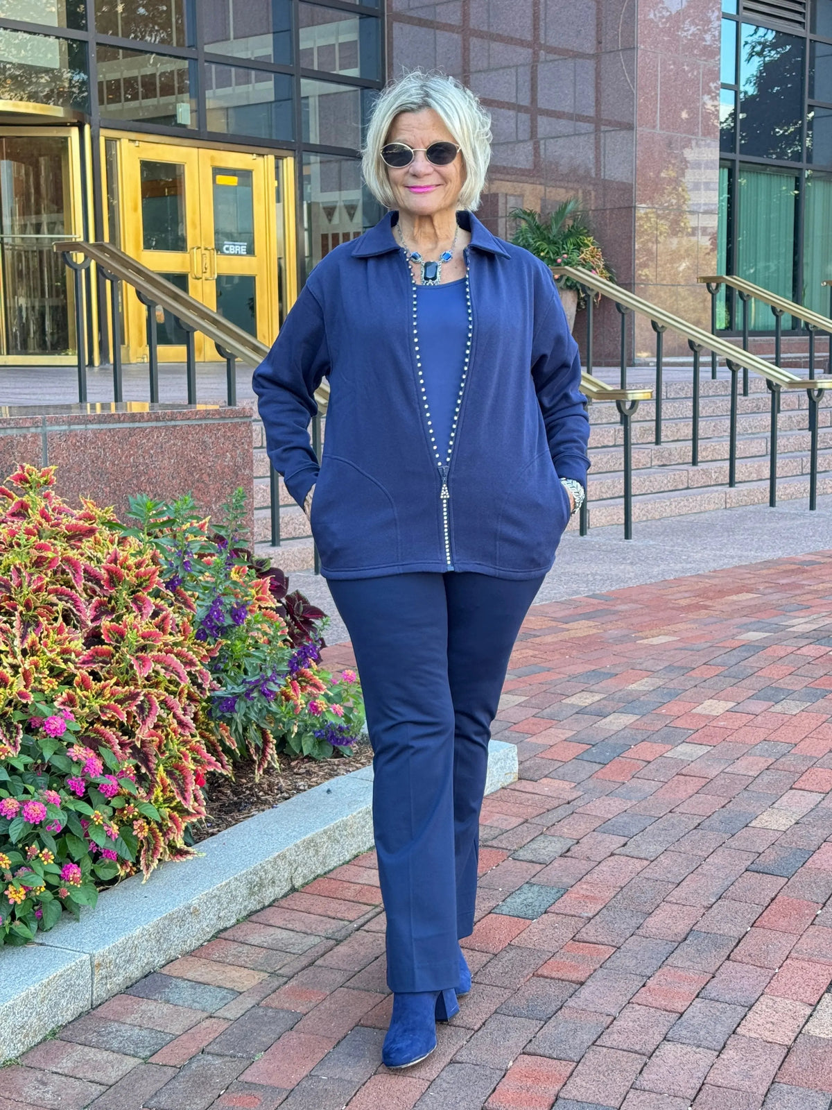 Crystal Zipper Cardigan with Collar Navy