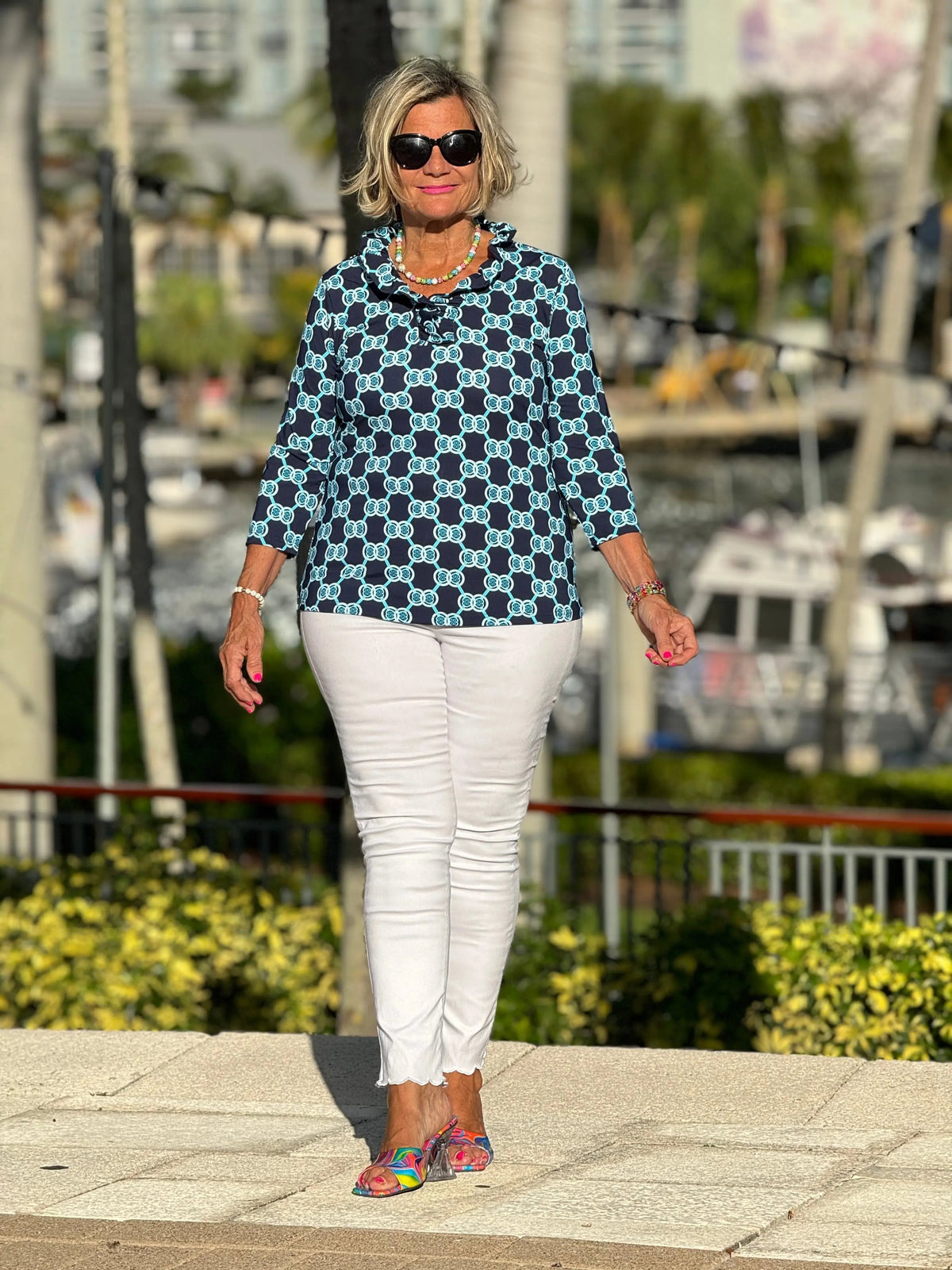 BLUE MEDALLION RUFFLE SLEEVE TOP