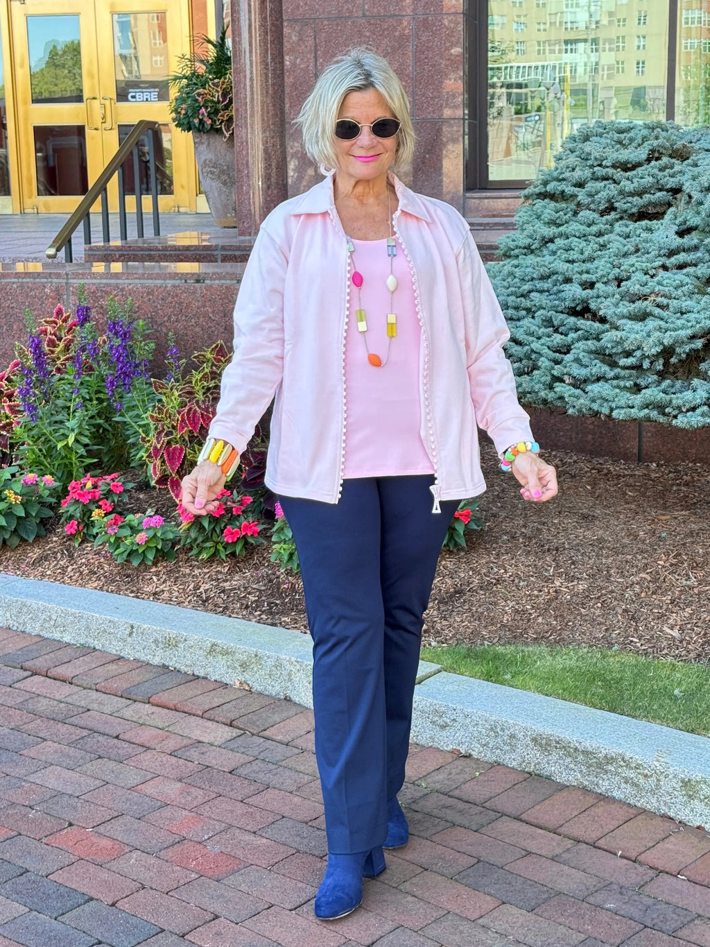 Crystal Zipper Cardigan with Collar Pink