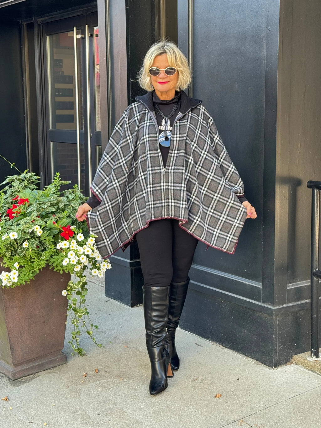 Flannel Plaid Zip Front Poncho