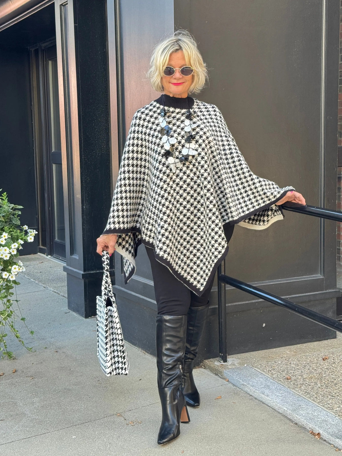 Houndstooth Knit Poncho Cape