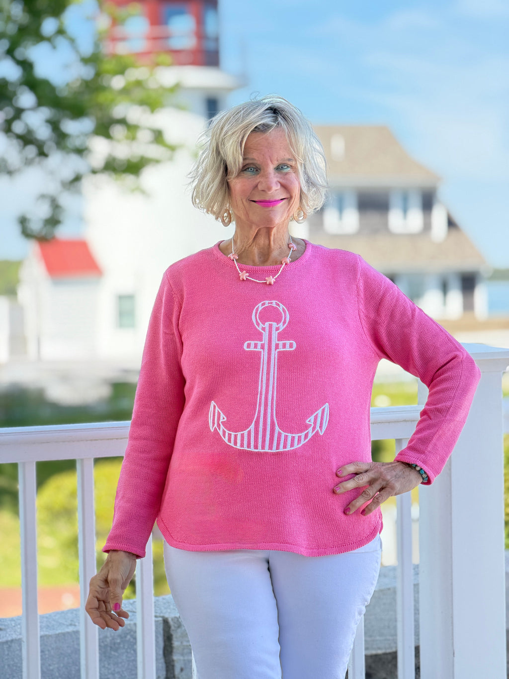 DOCKSIDE NAUTICAL PINK STRIPE ANCHOR SWEATER