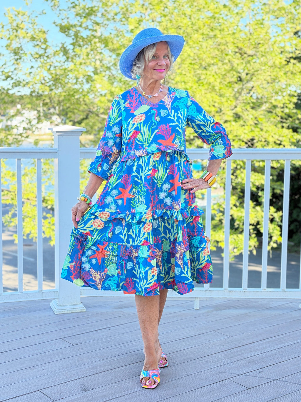 CORAL GARDEN RUFFLE V Neck DRESS
