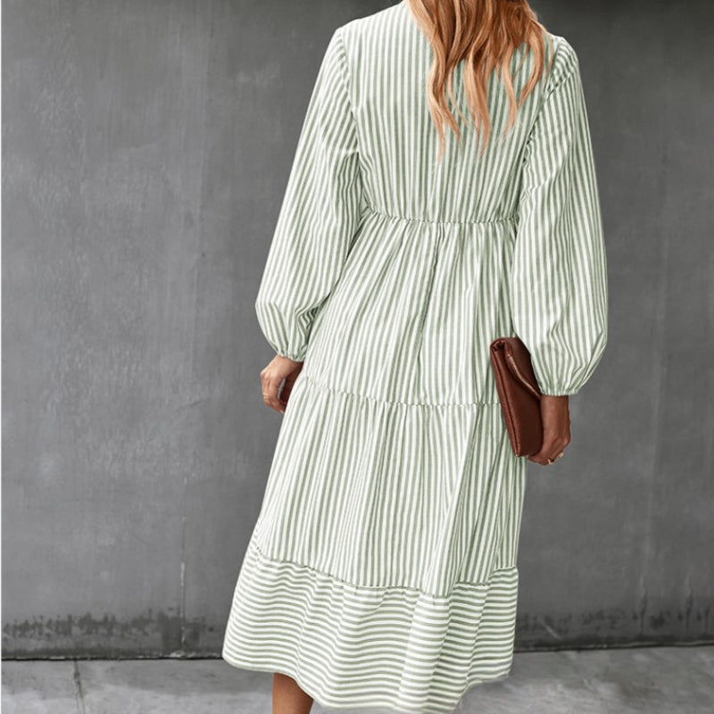 Beth Dutton Wardrobe Autumn Striped Long Sleeve Elastic Waist Dress