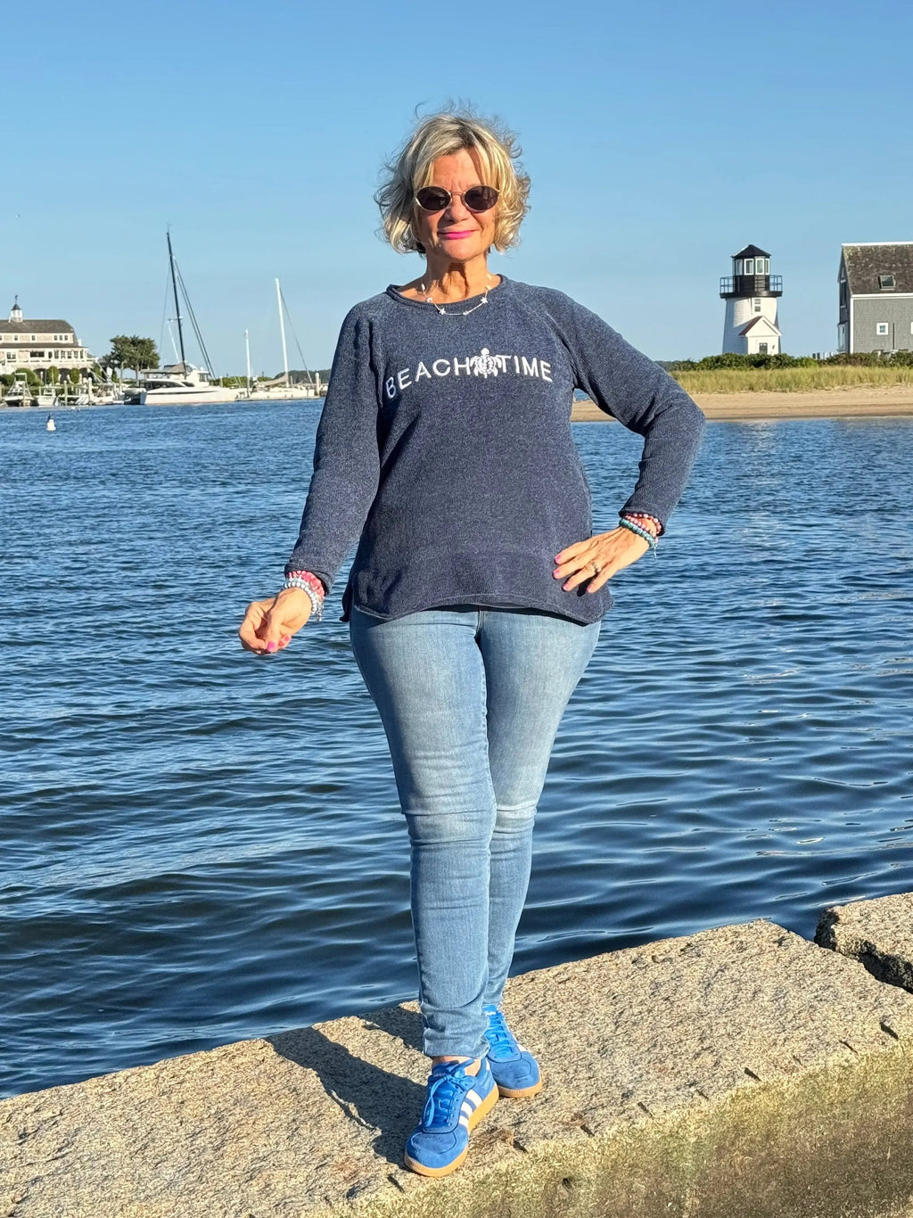 CHENILLE BEACH TIME NAVY CREW SWEATER