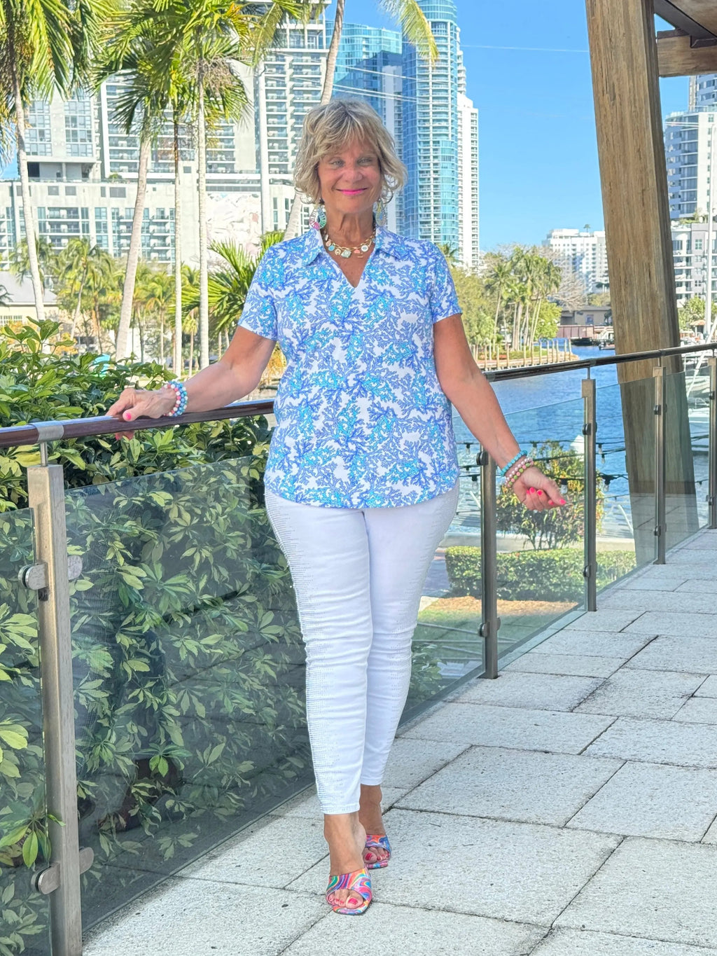 LULU B CORAL BREEZE SHORT SLEEVE V-NECK COLLAR TOP