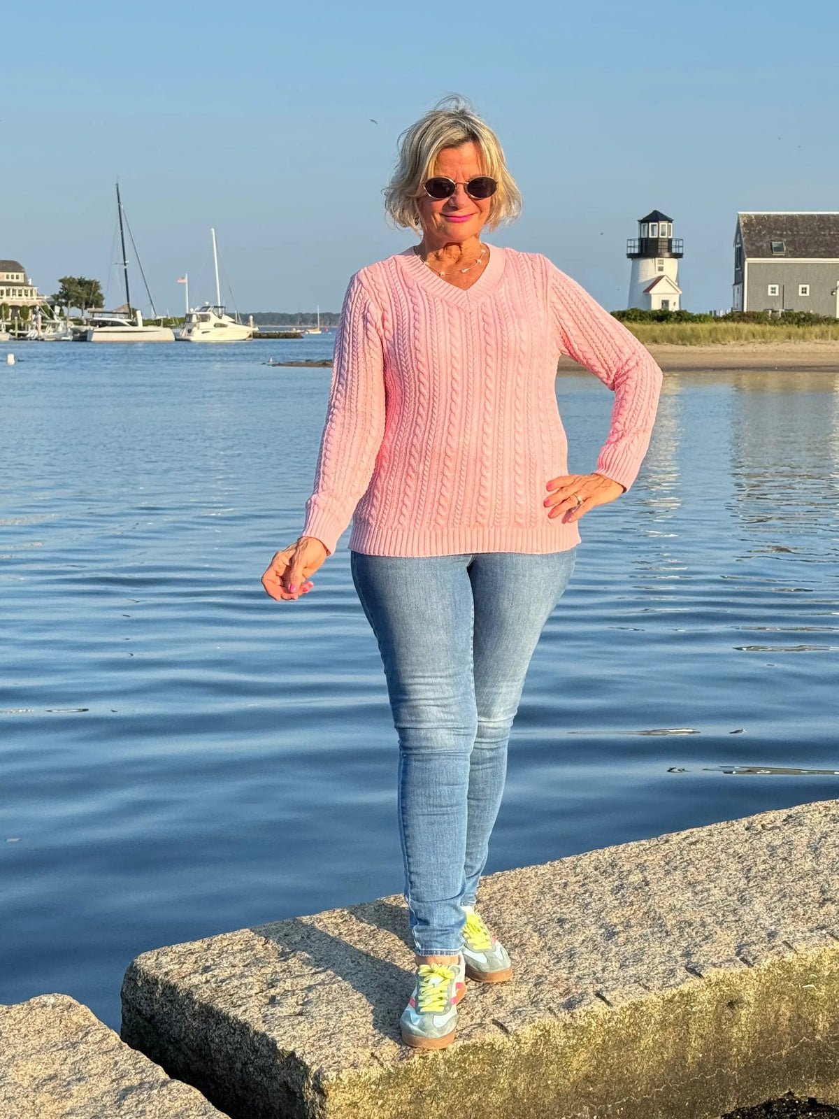 Cable-Knit Cotton PINK  V-Neck Sweater