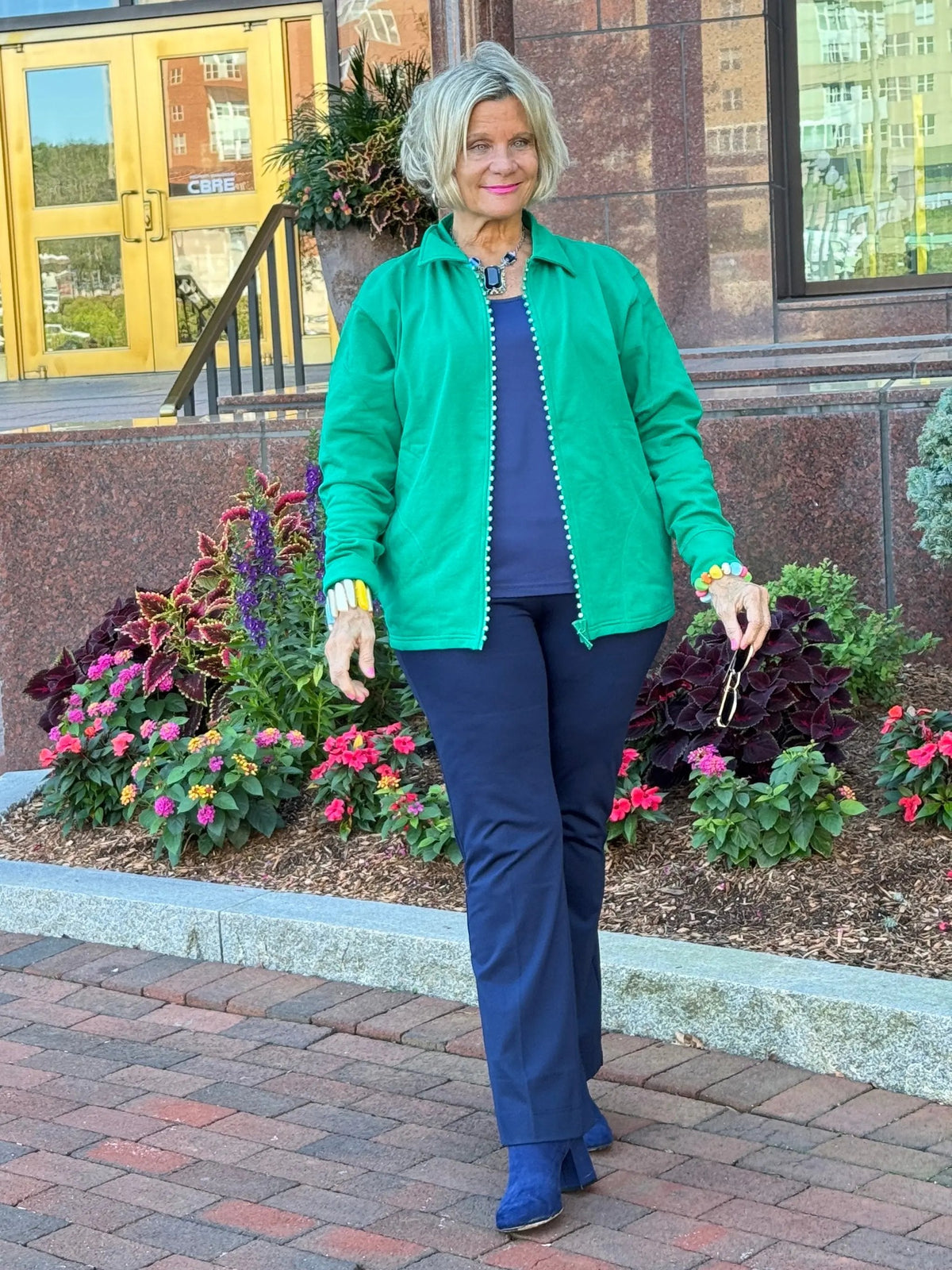 Crystal Zipper Cardigan with Collar Kelly Green