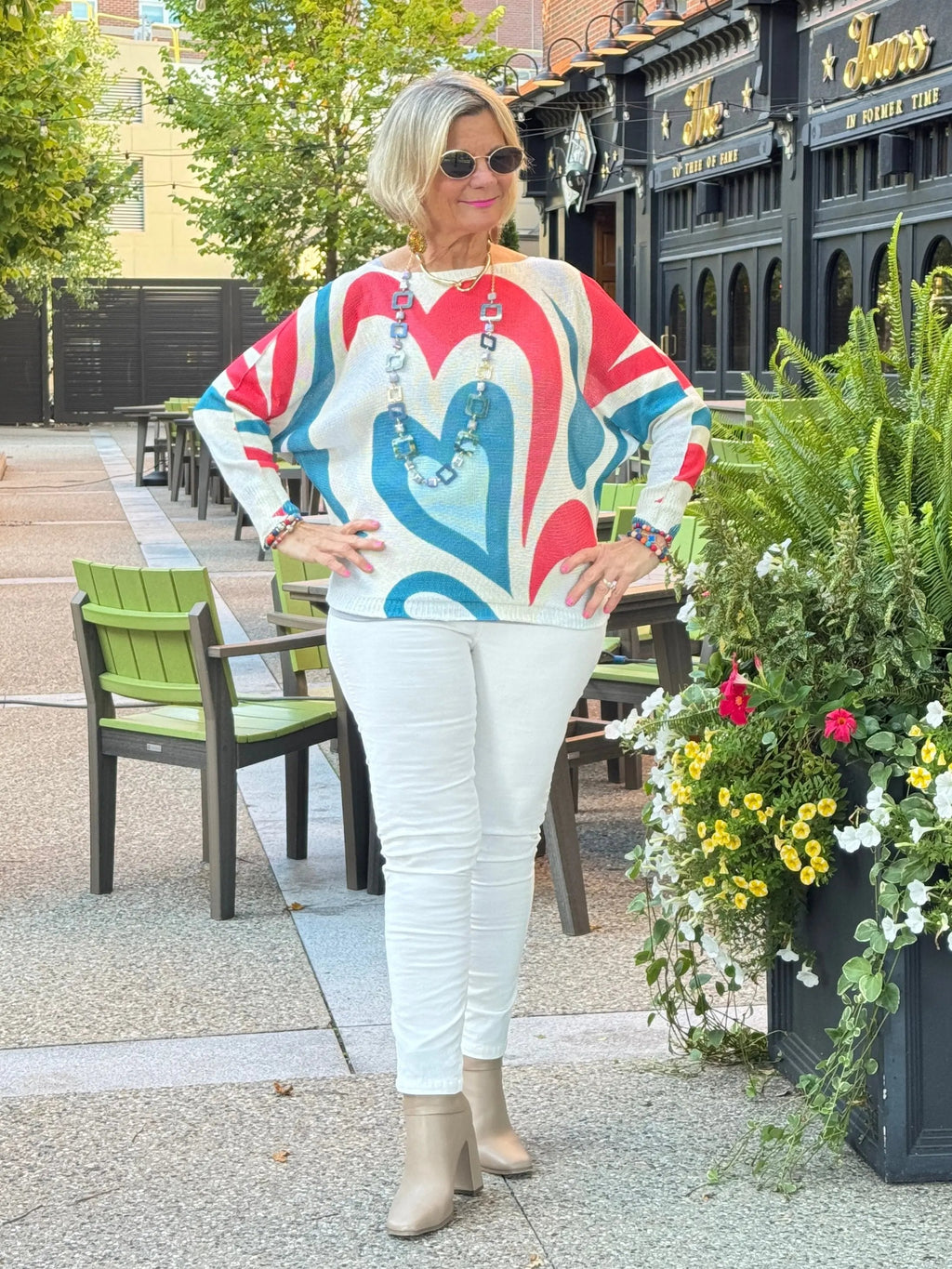 Beige Heart Round Knit Printed Sweater