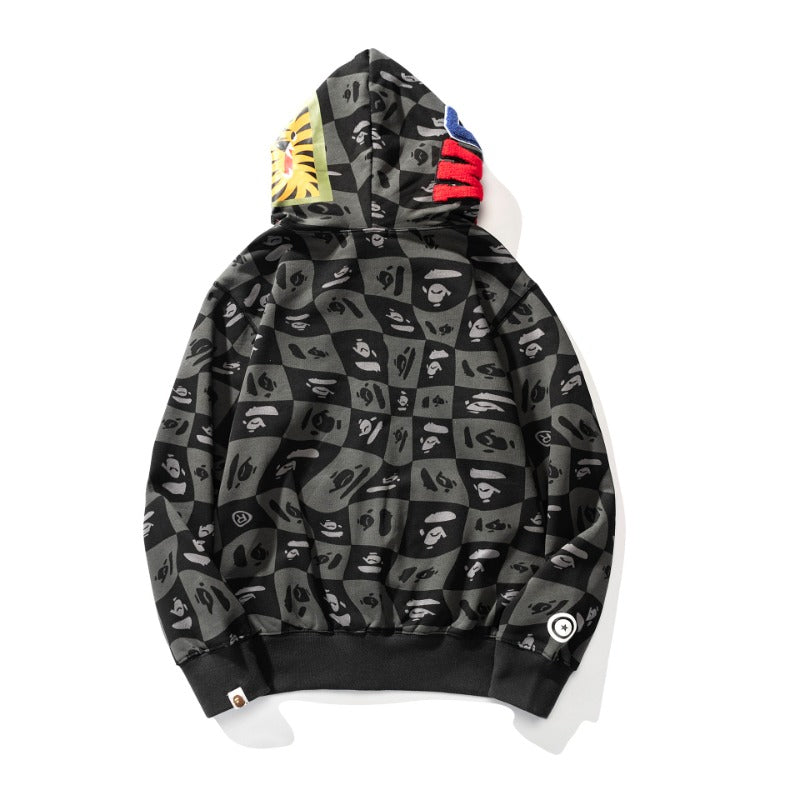 Bathing Ape Hoodie Autumn and Winter Ape Shaped Checkered Shark Cardigan Zipper Sweater Jacket