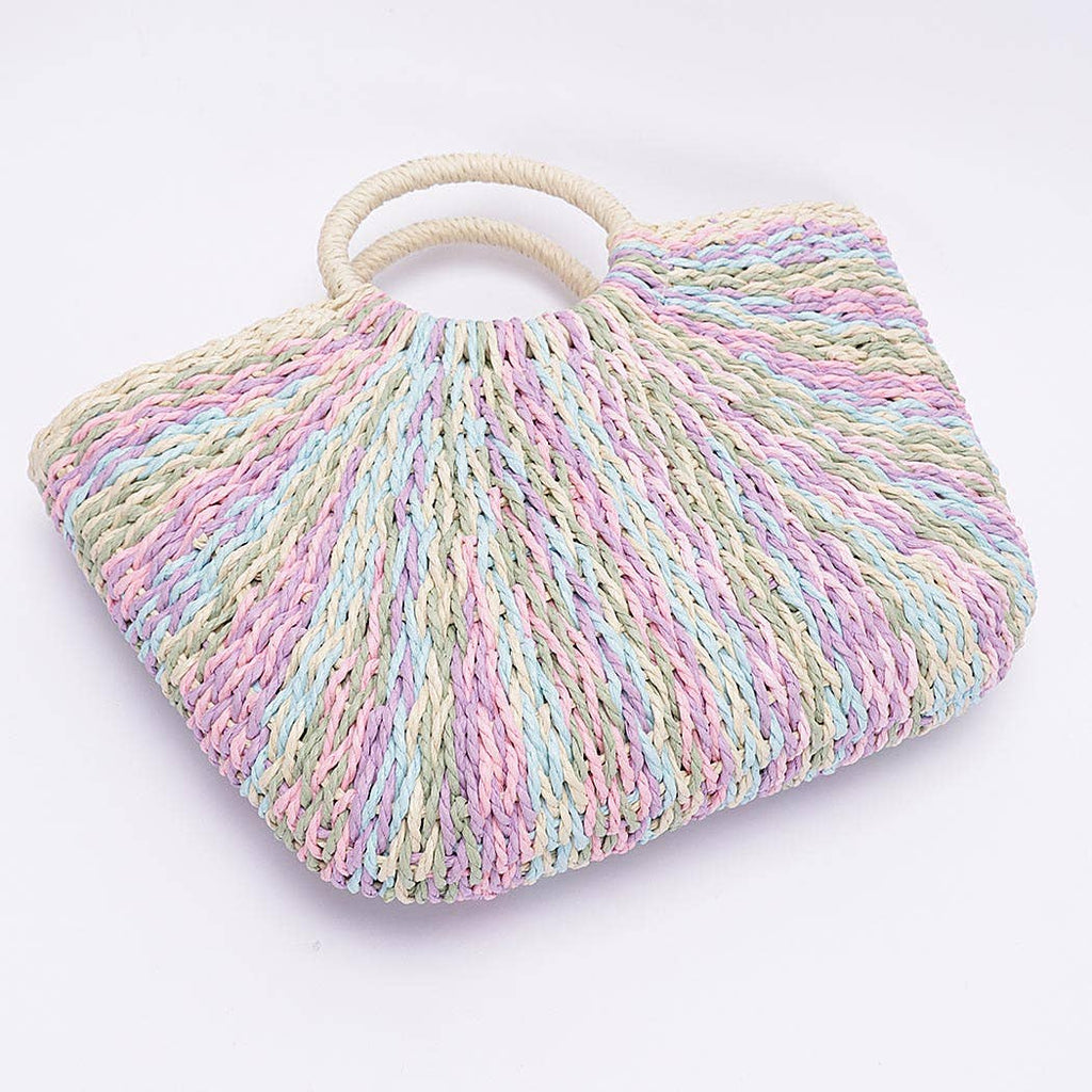 Faux Straw Multi Color Round Handle Tote Bag