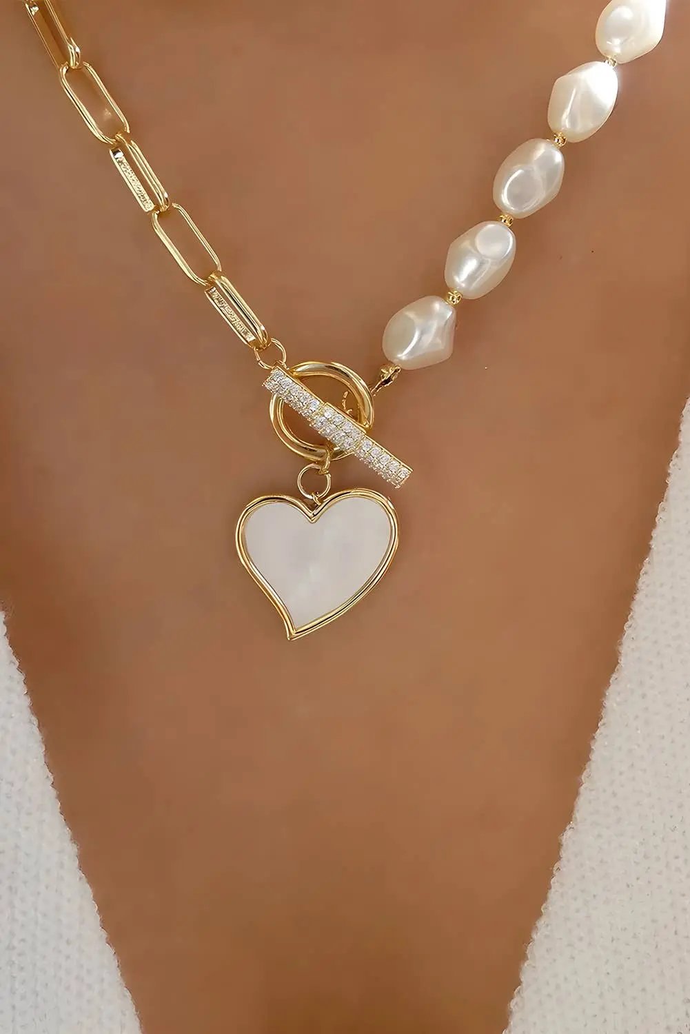 Heart Pendant Rhinestone Decor Pearl Chain Necklace