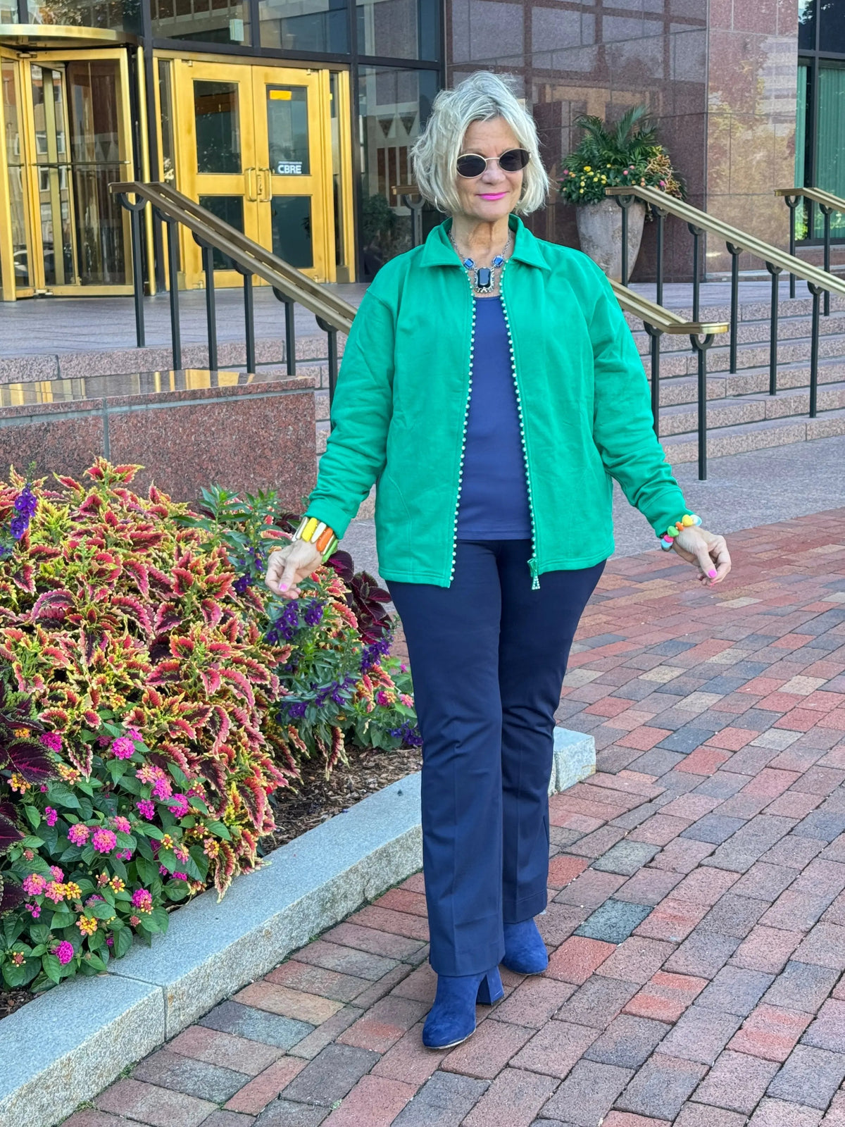 Crystal Zipper Cardigan with Collar Kelly Green