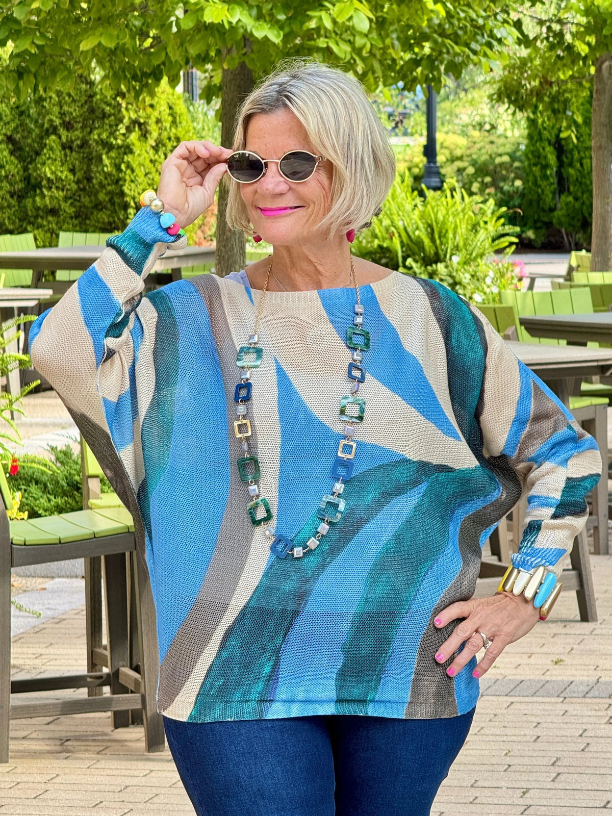 Green Abstract Round Knit Printed Sweate