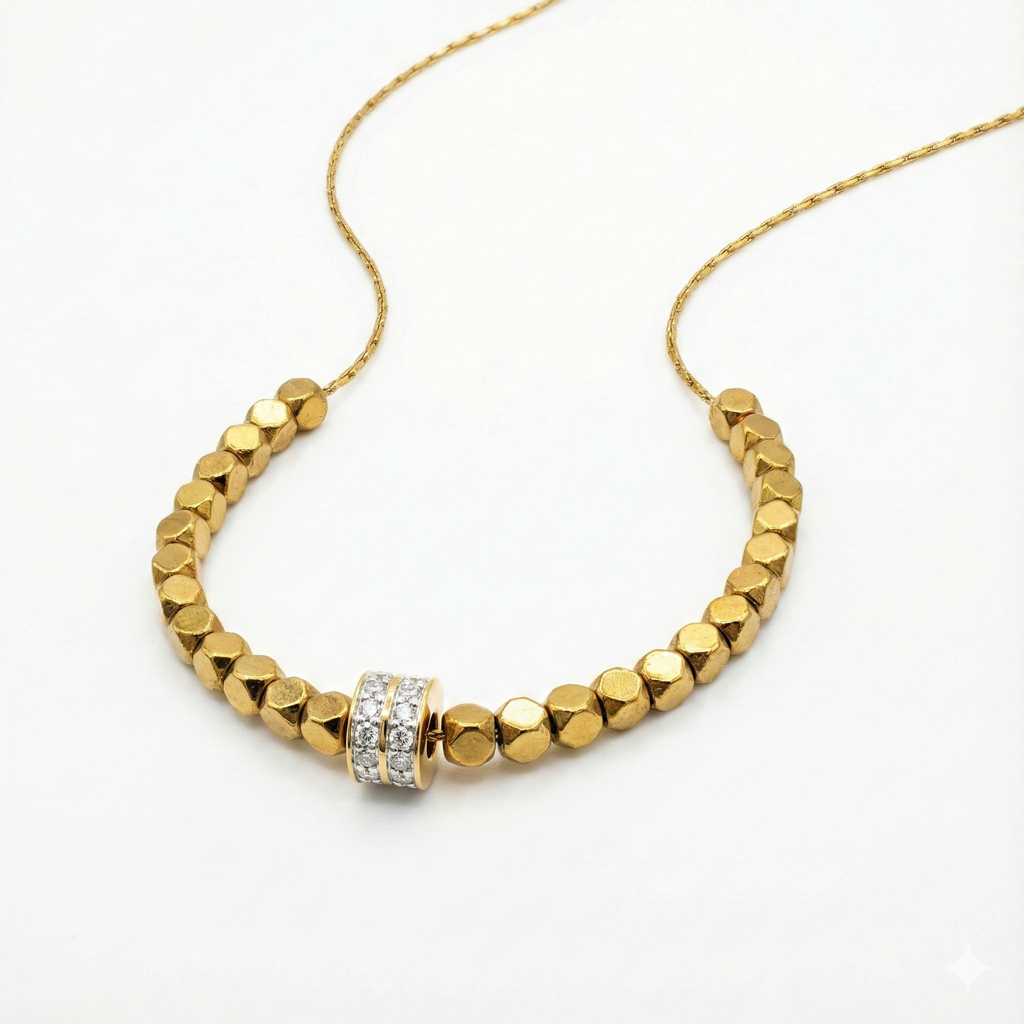 ALB Custom Gold Pebble Beaded Necklace With Pave Crystal Charm
