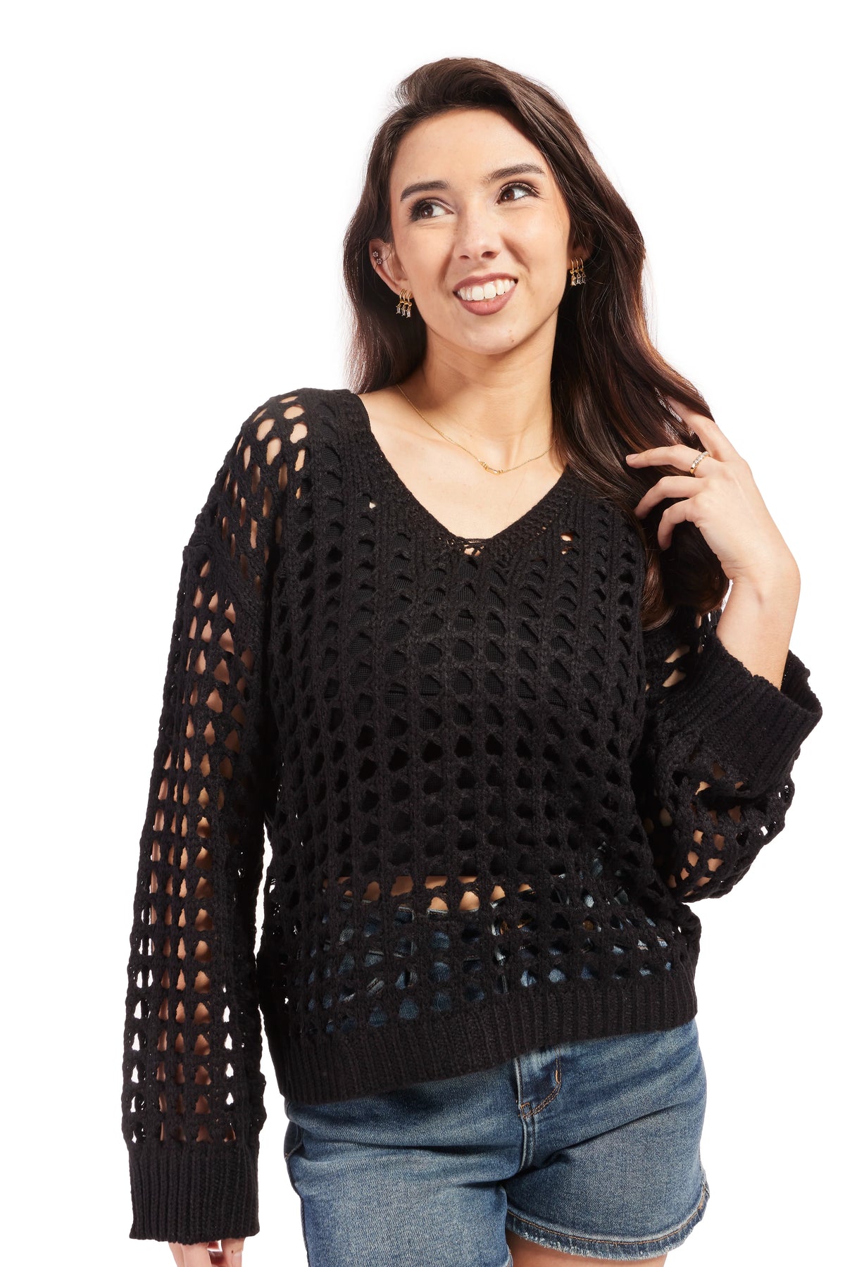 Women's Open Knit Sweater-Black