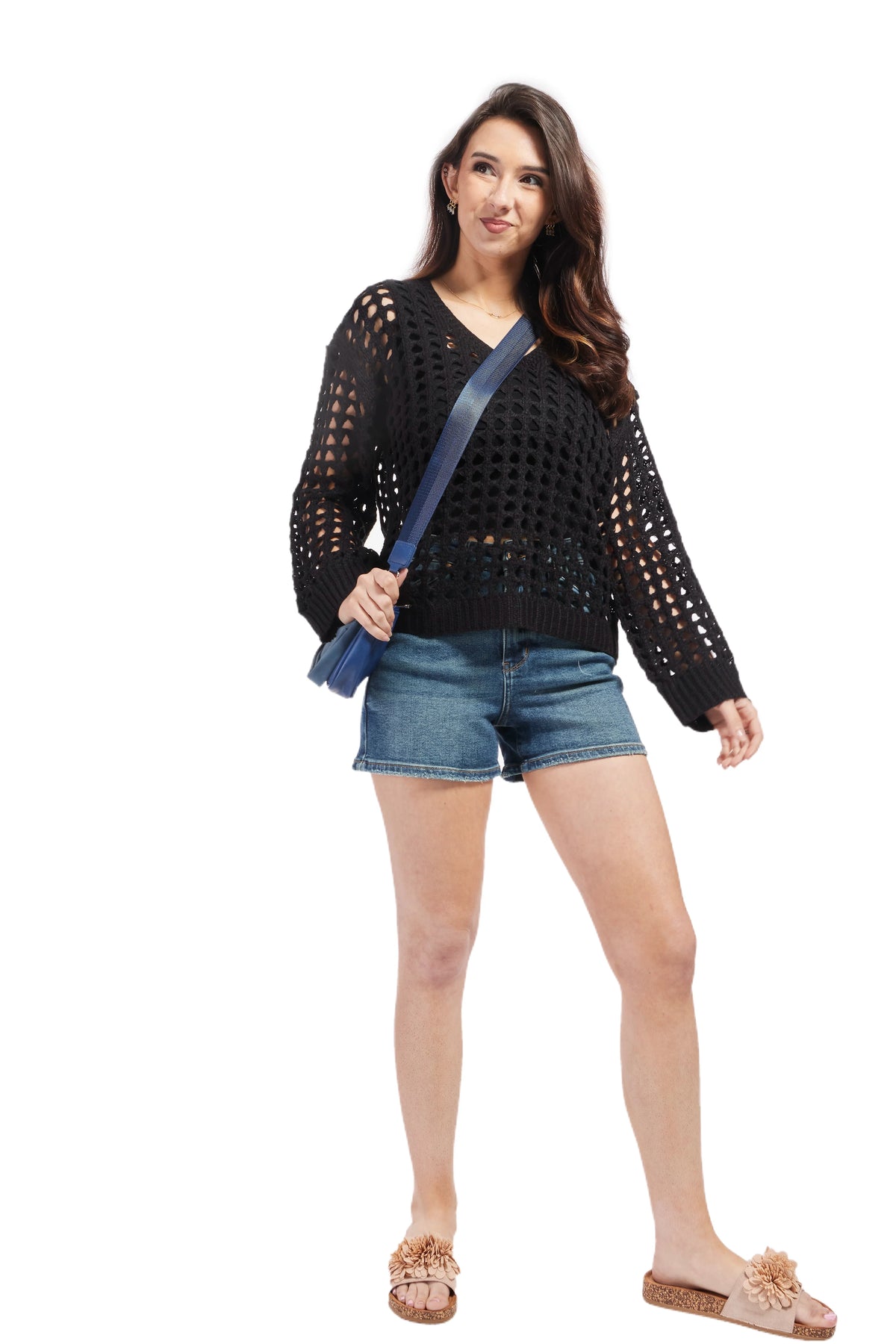 Women's Open Knit Sweater-Black