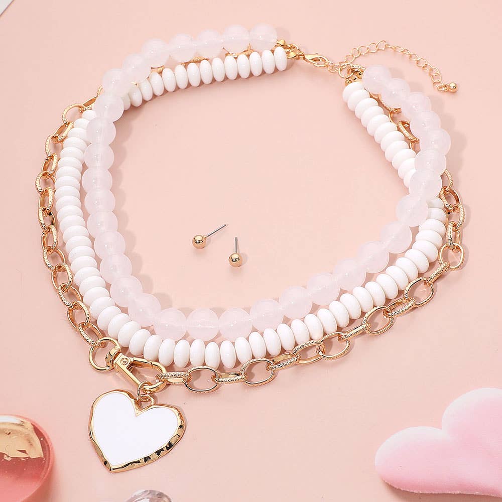 Enamel Heart Pendant Accent Chunky Beaded Layered Statement Necklace