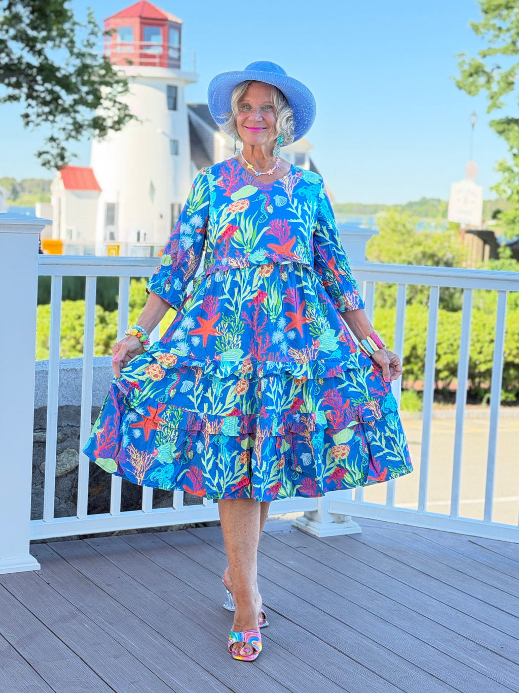 CORAL GARDEN RUFFLE V Neck DRESS