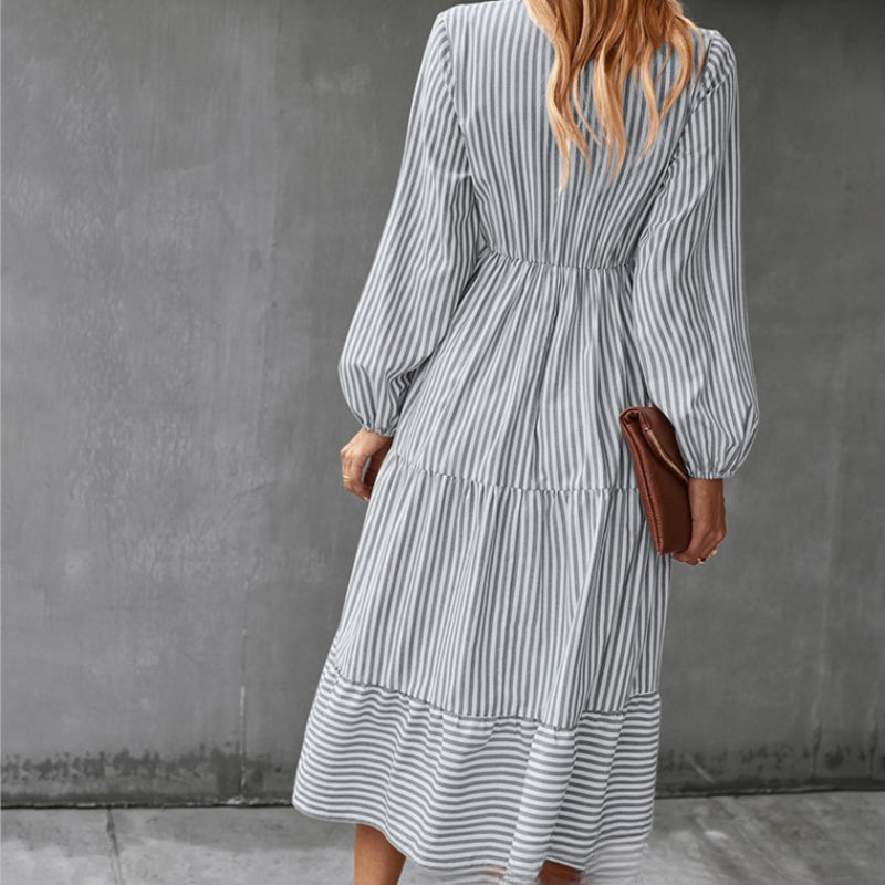 Beth Dutton Wardrobe Autumn Striped Long Sleeve Elastic Waist Dress