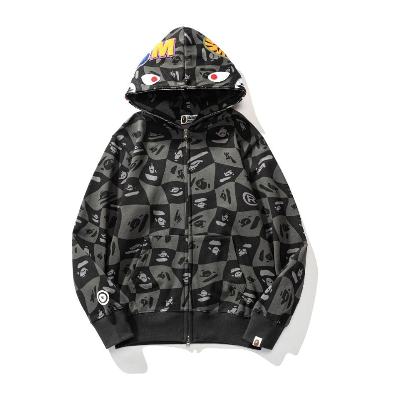 Bathing Ape Hoodie Autumn and Winter Ape Shaped Checkered Shark Cardigan Zipper Sweater Jacket