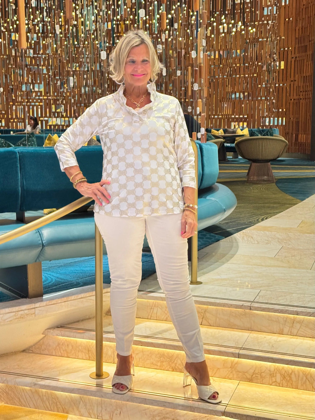 HOLIDAY GOLD AND WHITE RUFFLE TOP