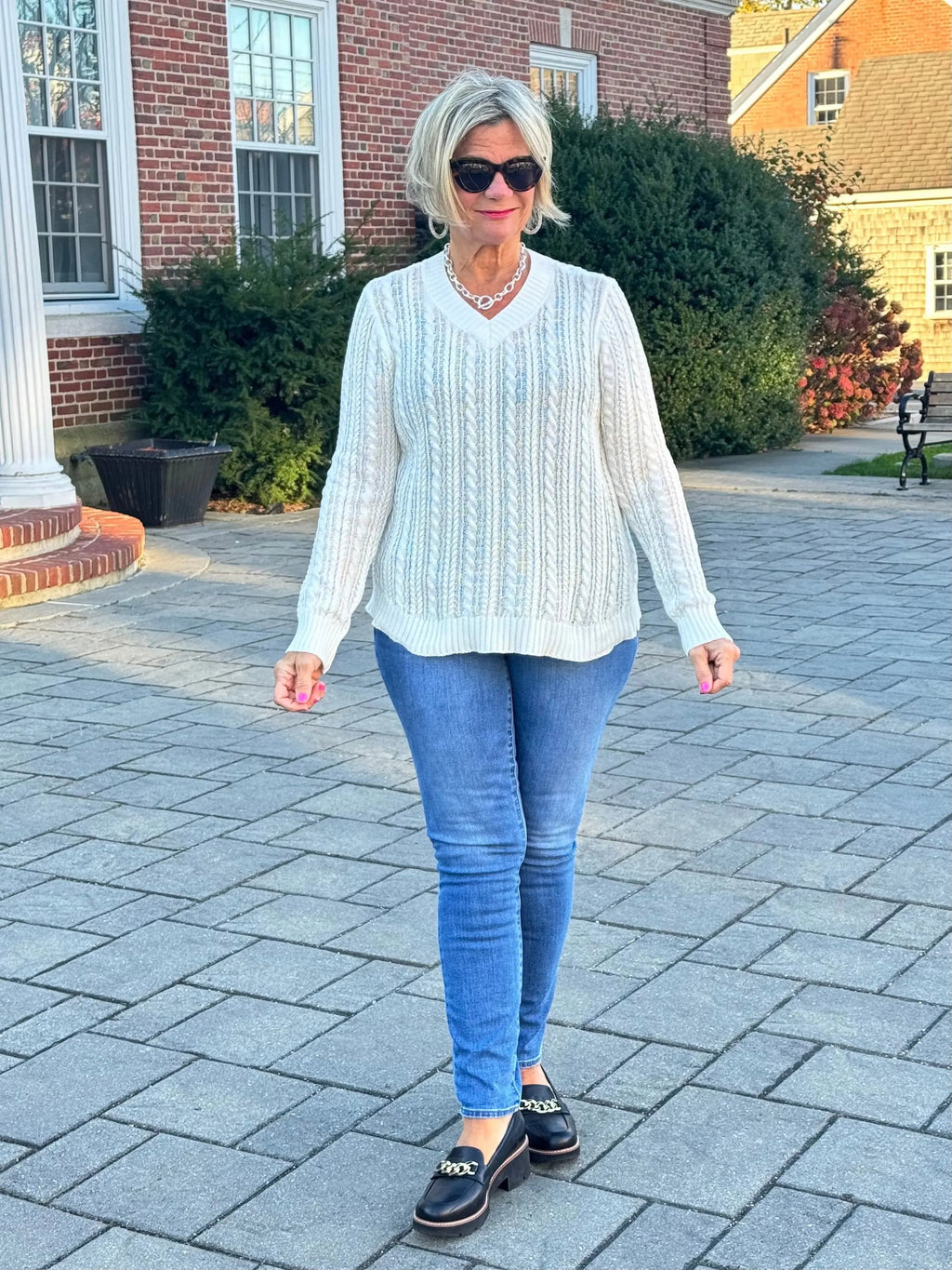 LULU-B CABLE WHITE V NECK SWEATER
