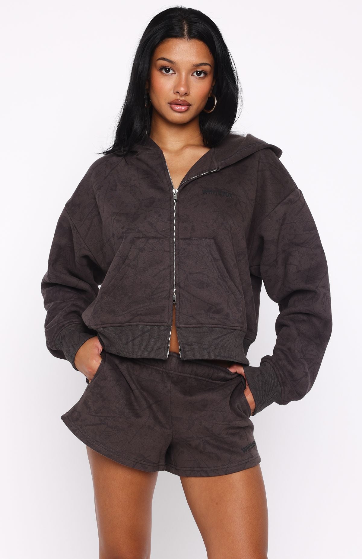 Hiding Away Boxy Zip Front Hoodie Dark Camo