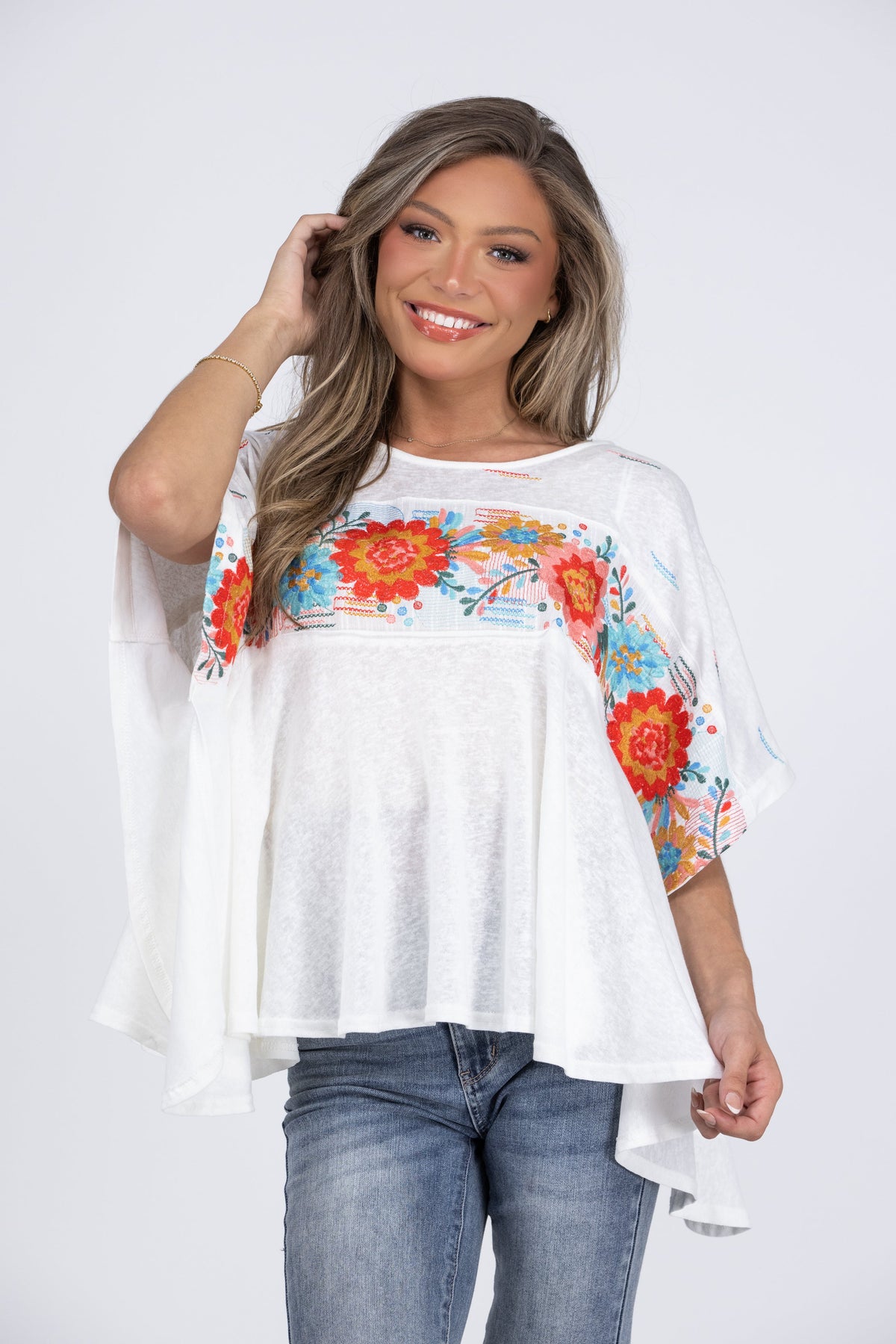Love, Life, Live Women's Embroidered Flowy Poncho Top