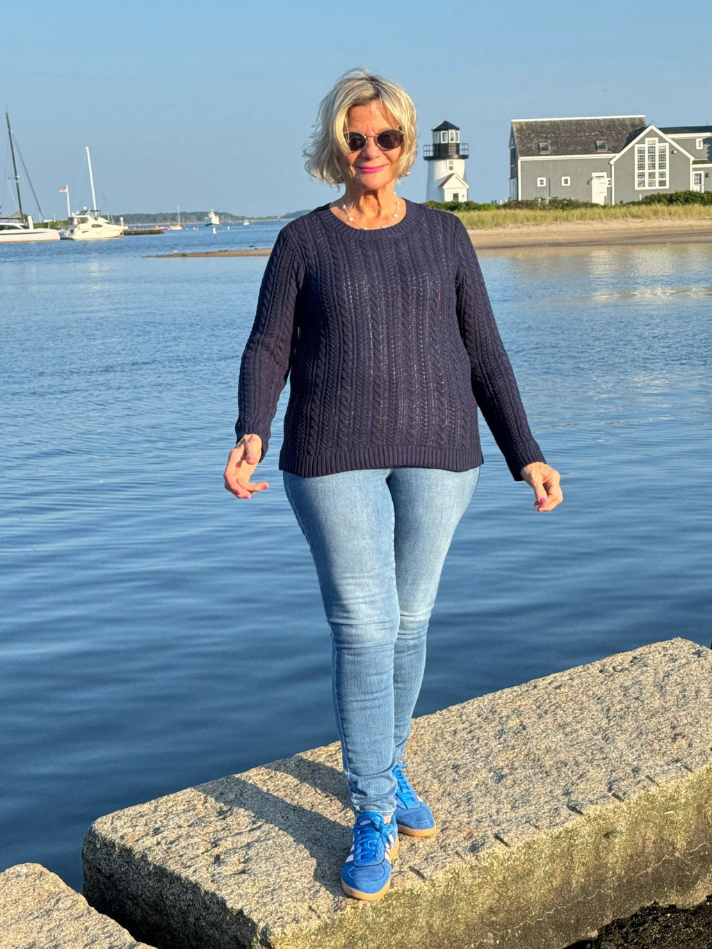 LULU-B NAVY CABLE CREW NECK SWEATER