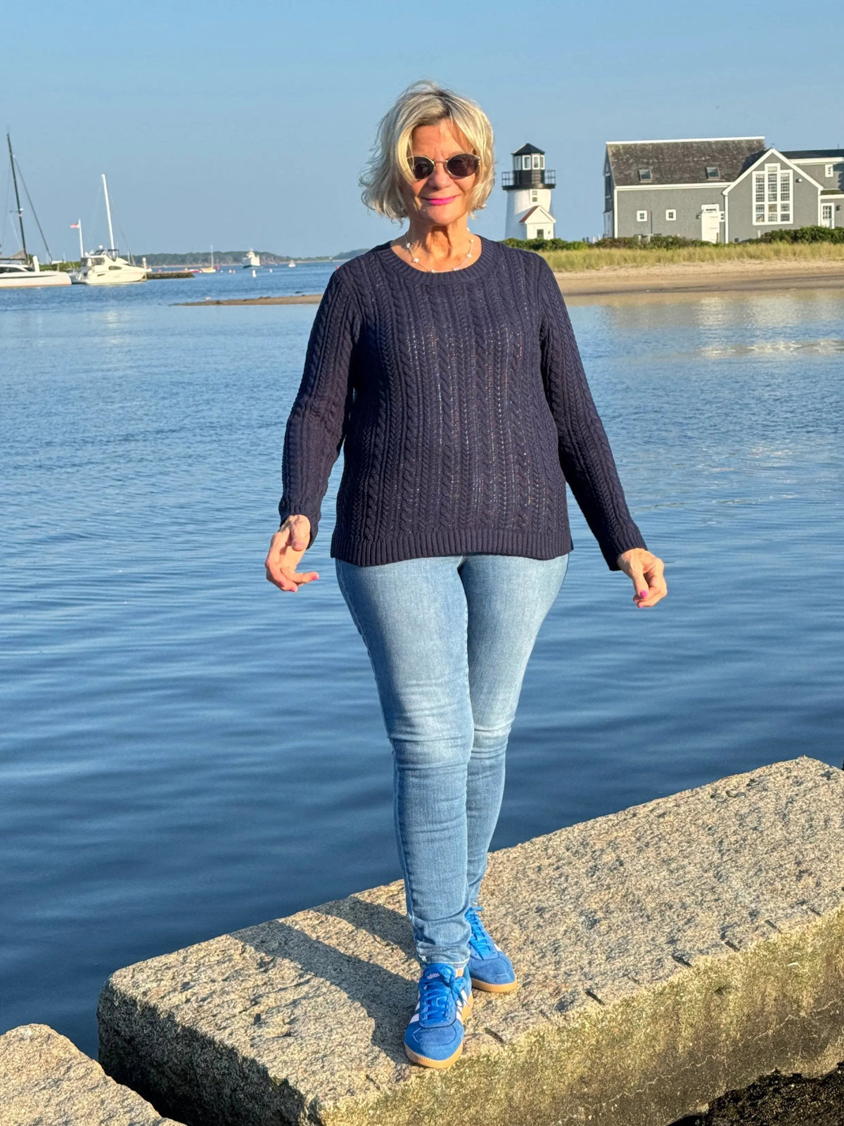 LULU-B NAVY CABLE CREW NECK SWEATER