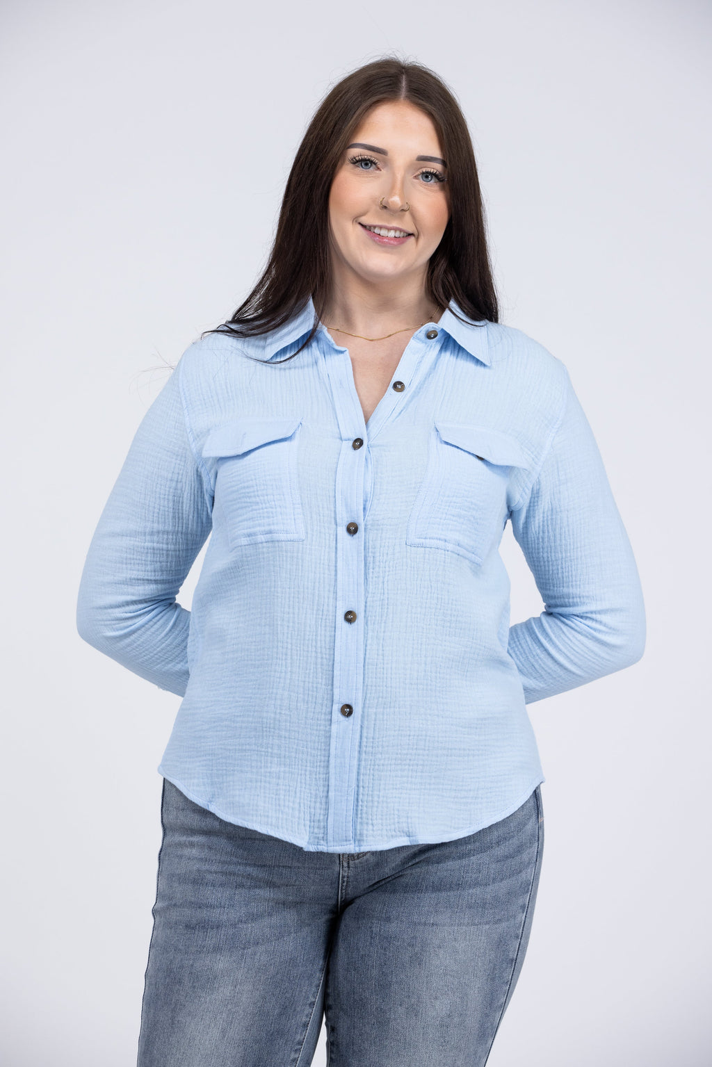 Here We Are Women's Collared Long Sleeve Top