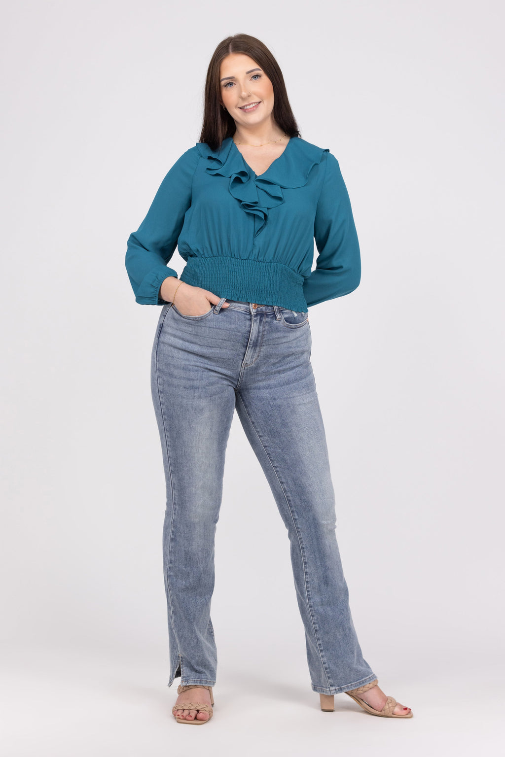 Love Collides Women's Ruffled Smocked Waist Long Sleeve Top