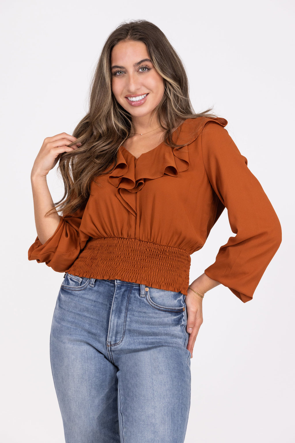 Love Collides Women's Ruffled Smocked Waist Long Sleeve Top