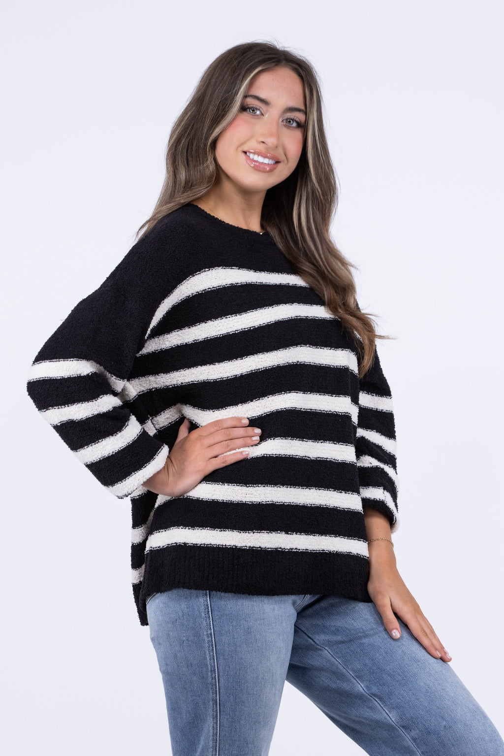 One Day Women's Striped Round Neckline Knit Sweater