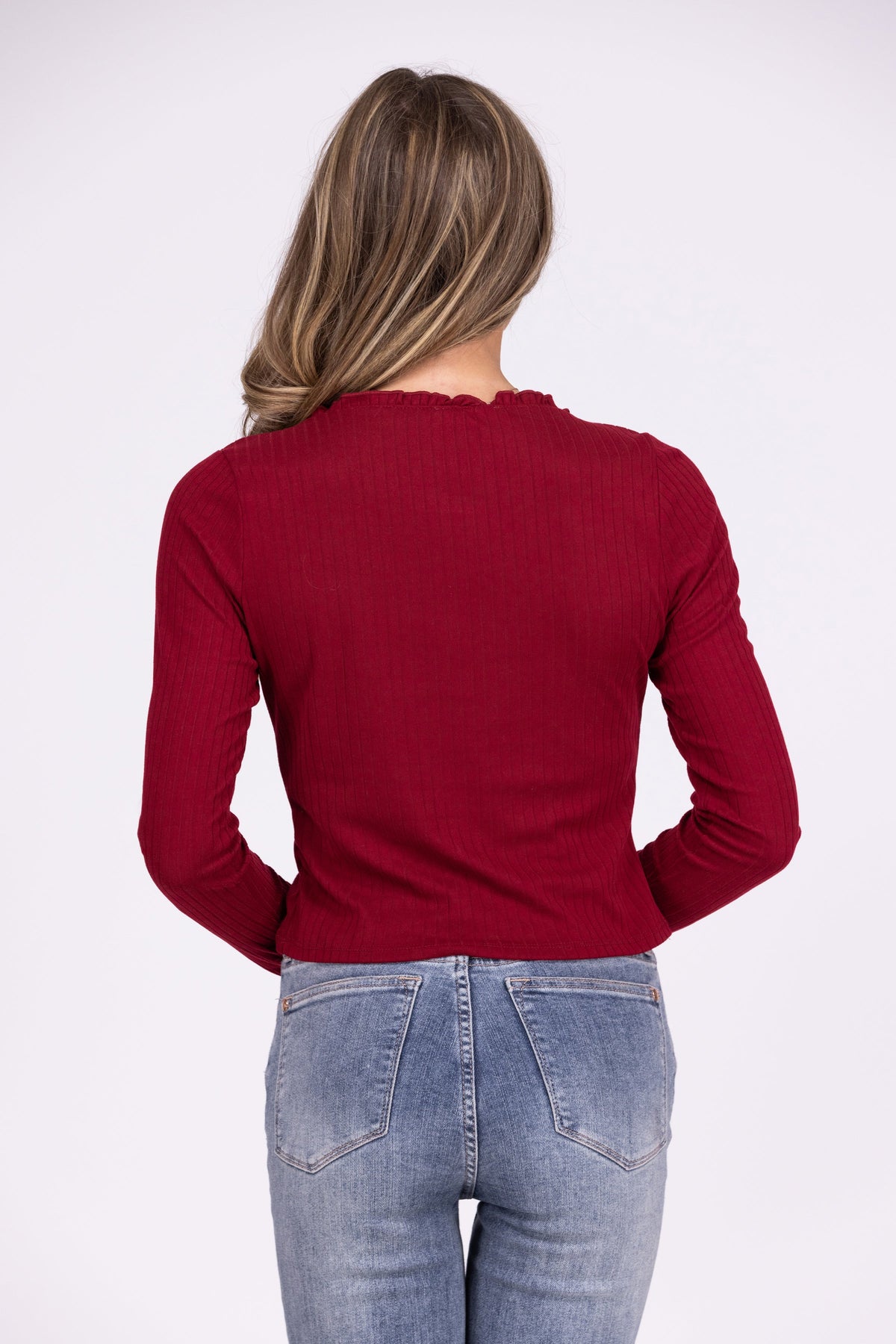 She's Got It Women's Ribbed Ruffle Long Sleeve Top
