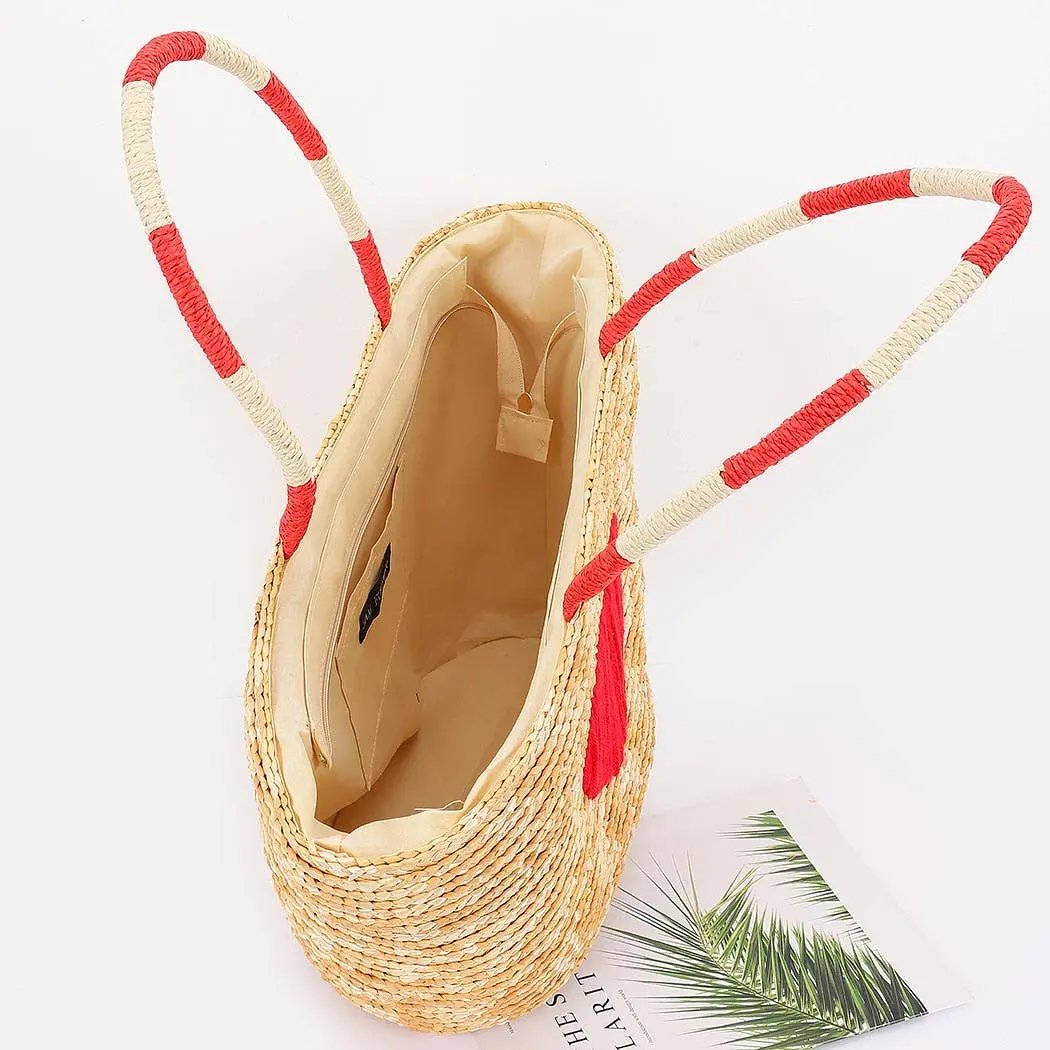 Faux Straw Heart Tote BAg