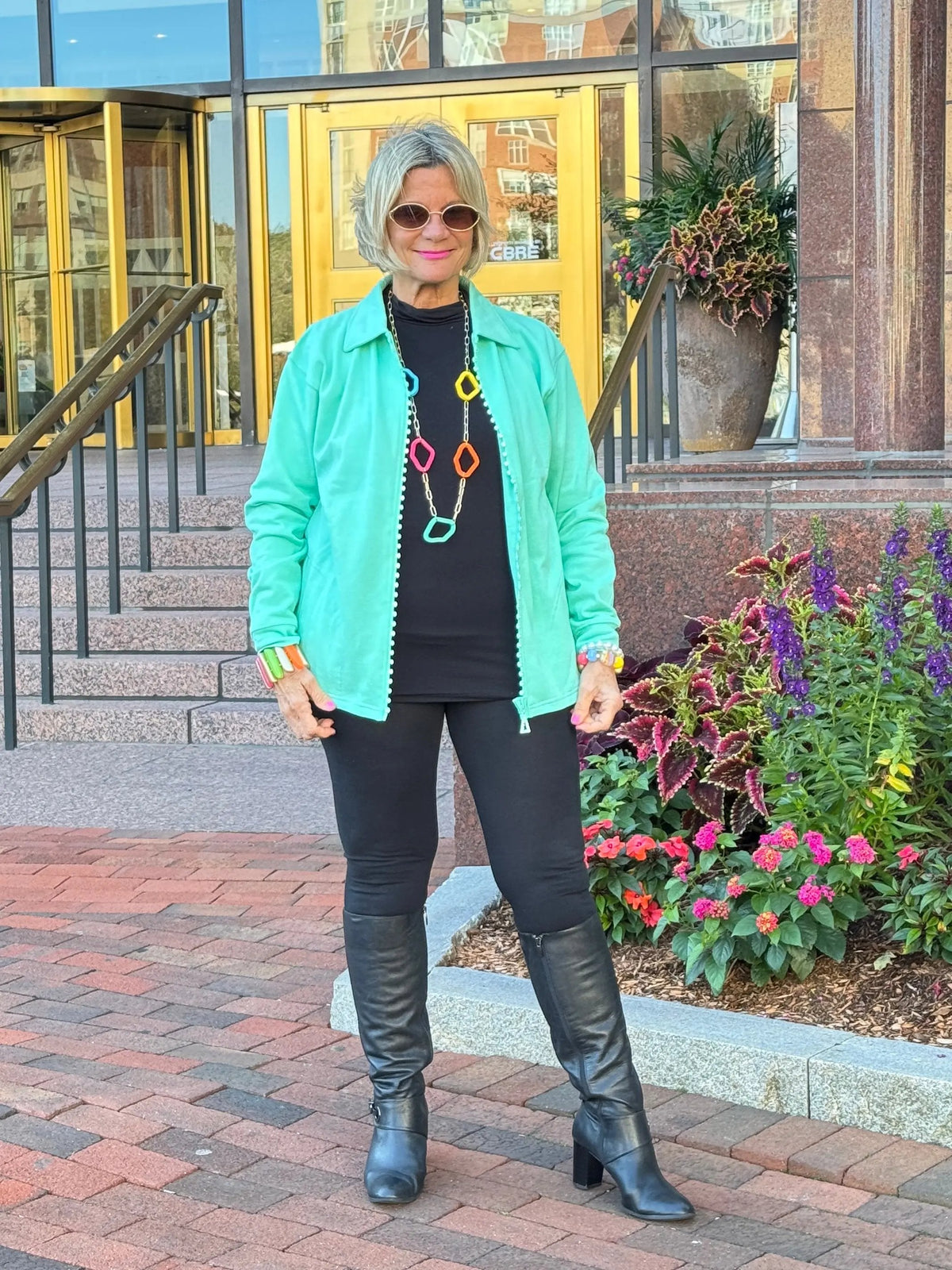 Crystal Zipper Cardigan with Collar Mint