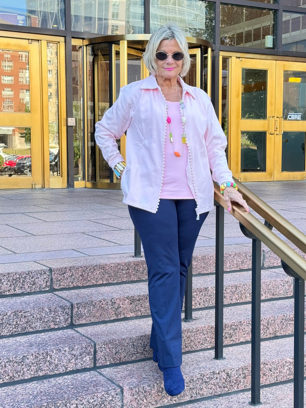 Crystal Zipper Cardigan with Collar Pink