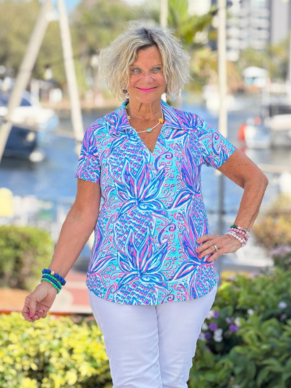 LULU B PALM ROYALE SHORT SLEEVE COLLAR TOP