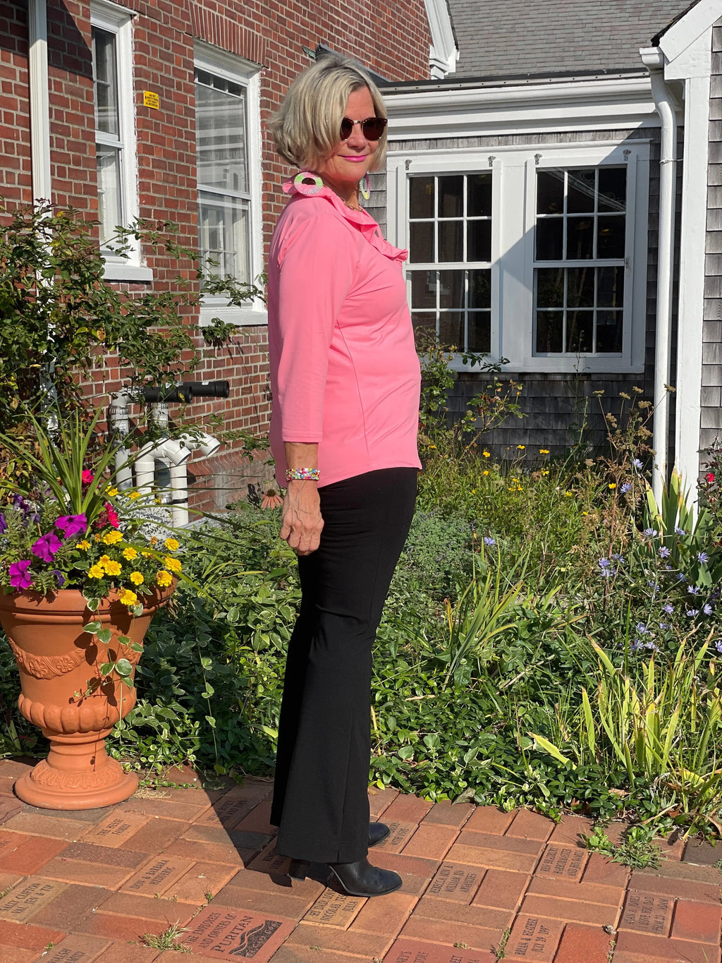 LULU-B SOLID CORAL RUFFLE TOP