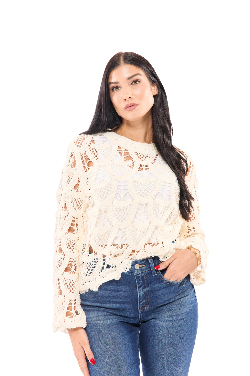 ALB Exclusive Crochet Into The Night Women's Textured Long Sleeve Top