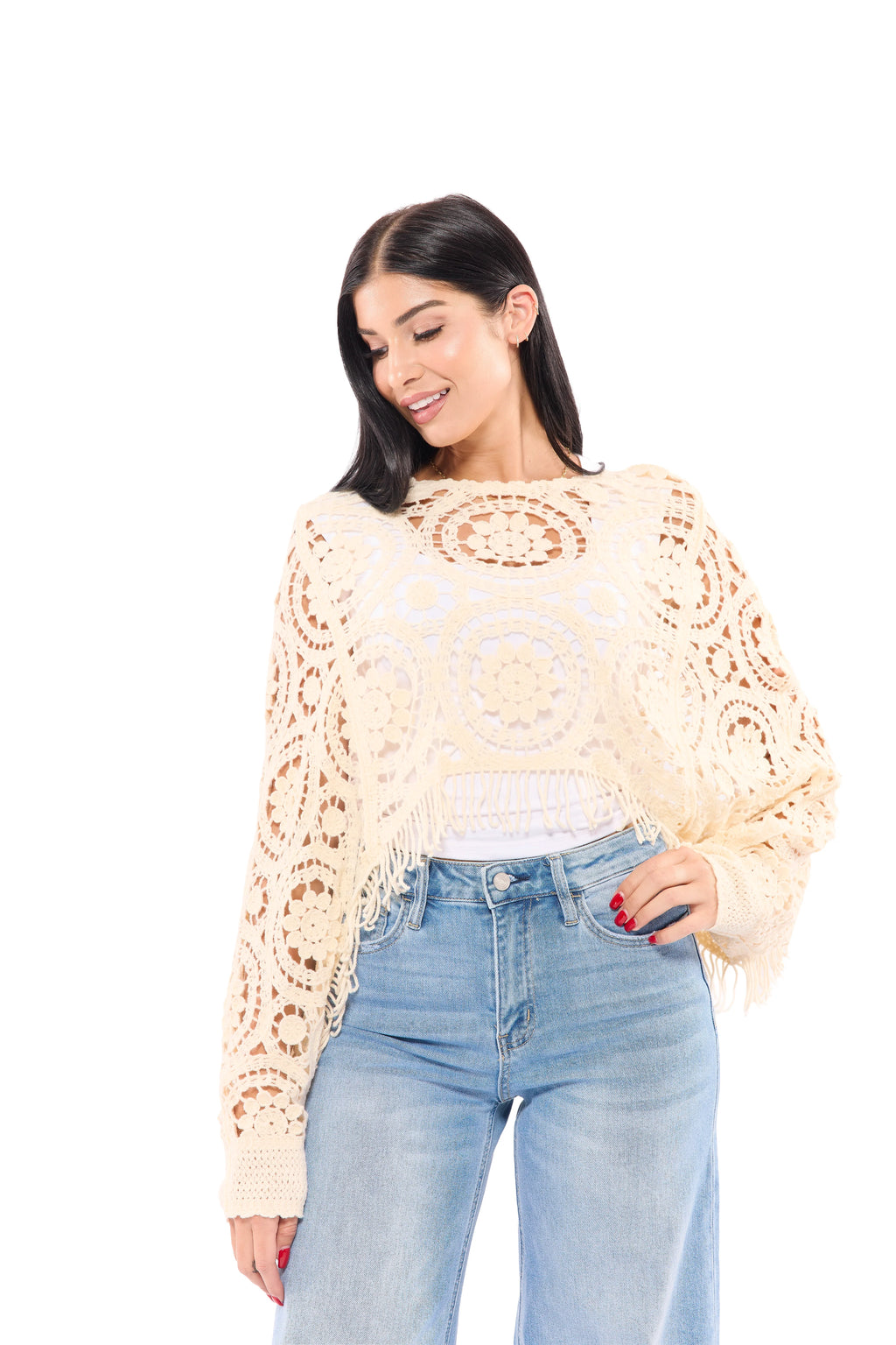 Women's Boho Long Sleeve Open Crochet Fringe Sweater Top – Available in Black & Oatmeal