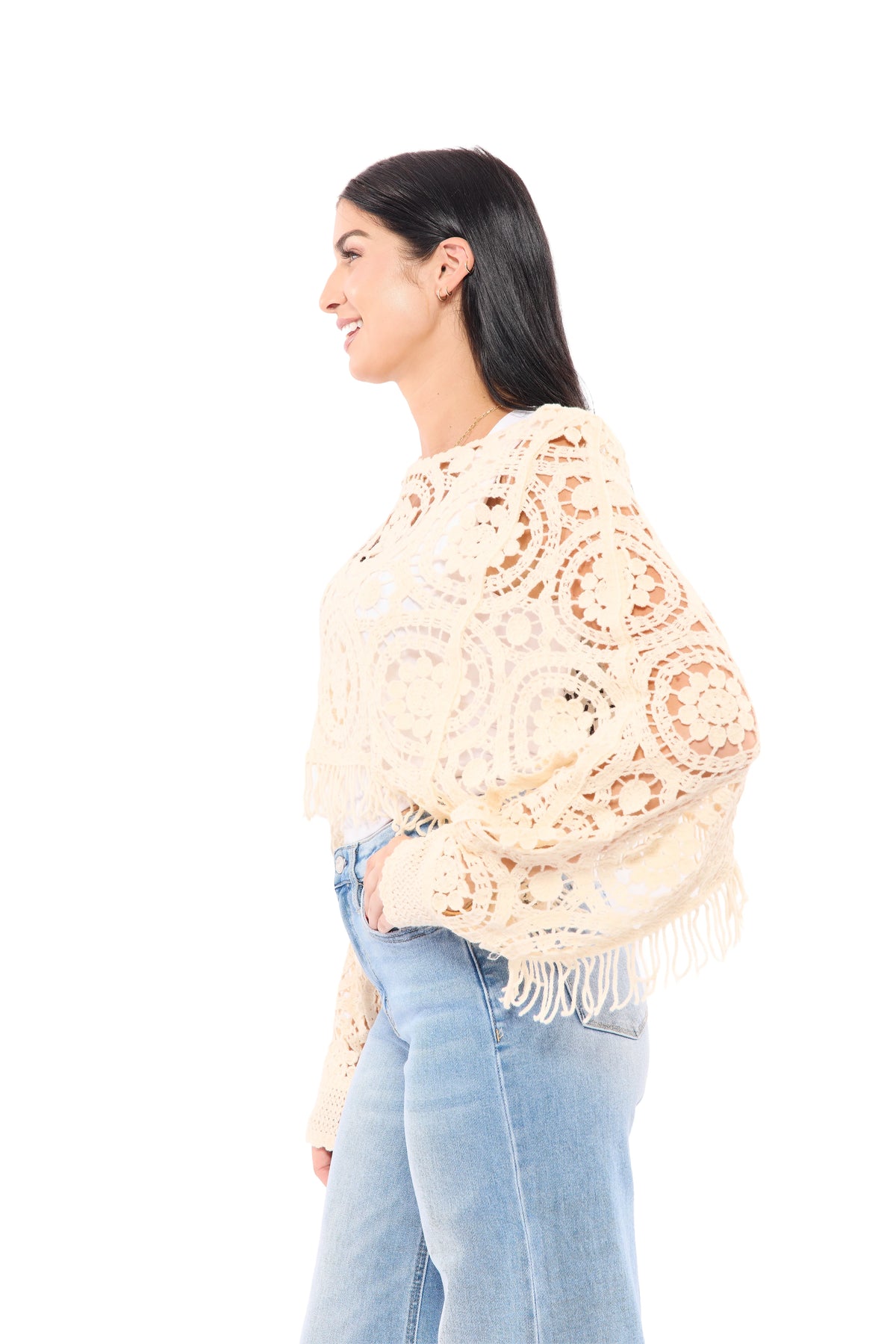 Women's Boho Long Sleeve Open Crochet Fringe Sweater Top – Available in Black & Oatmeal