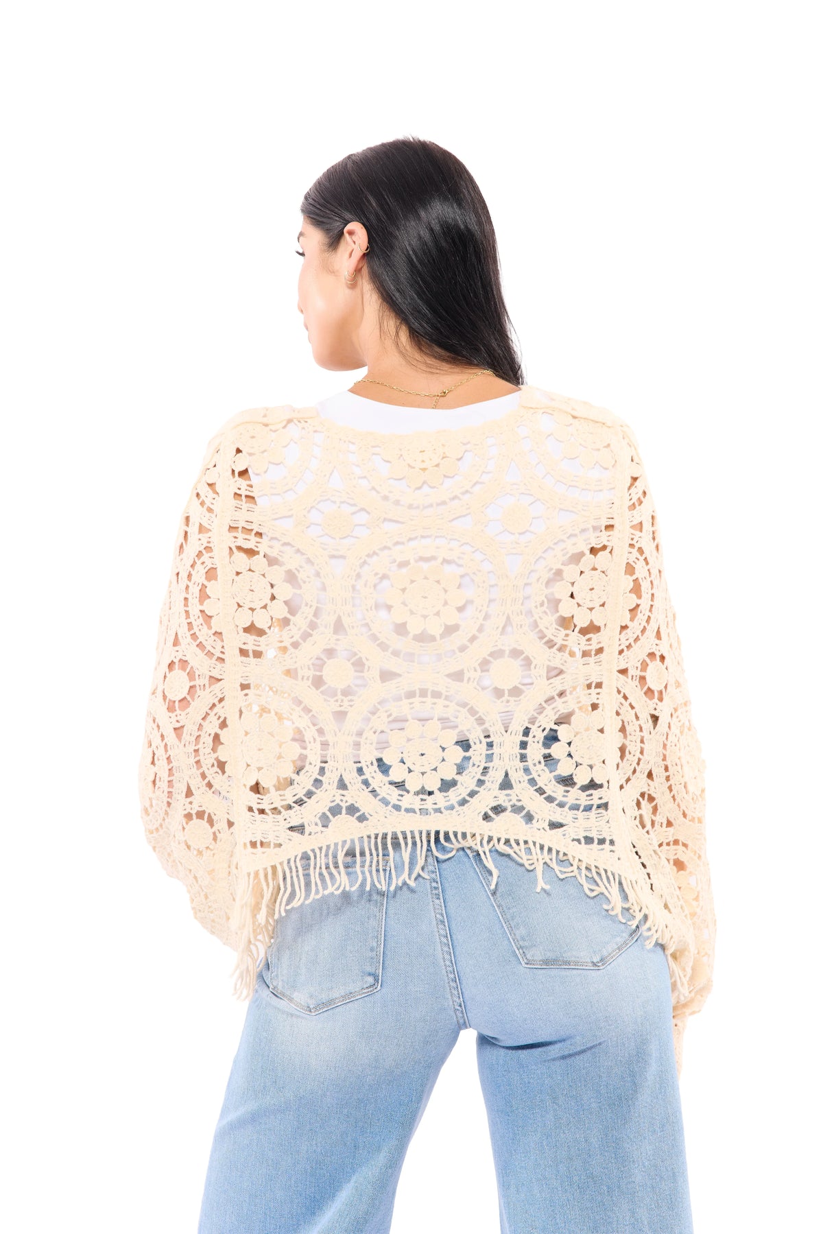 Women's Boho Long Sleeve Open Crochet Fringe Sweater Top – Available in Black & Oatmeal