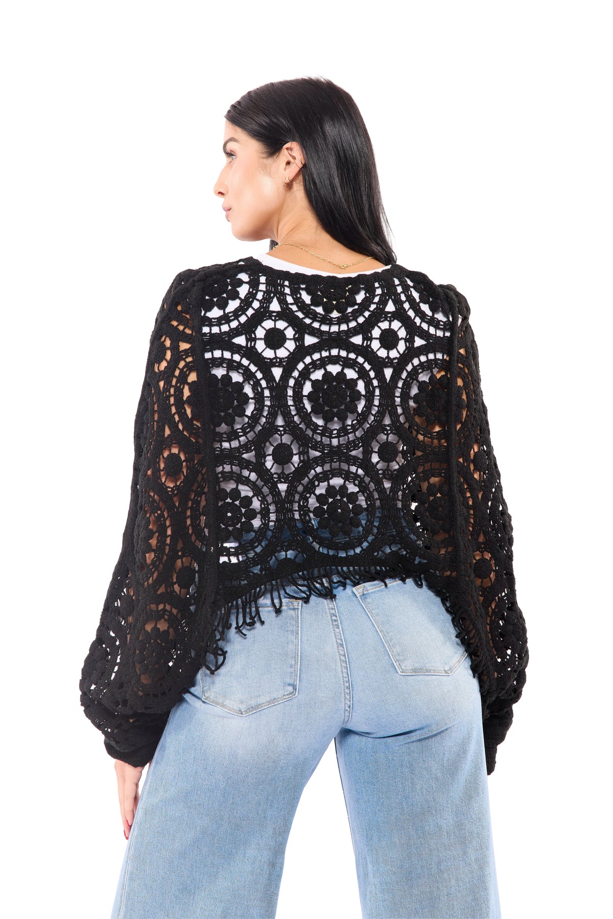 Women's Boho Long Sleeve Open Crochet Fringe Sweater Top – Available in Black & Oatmeal