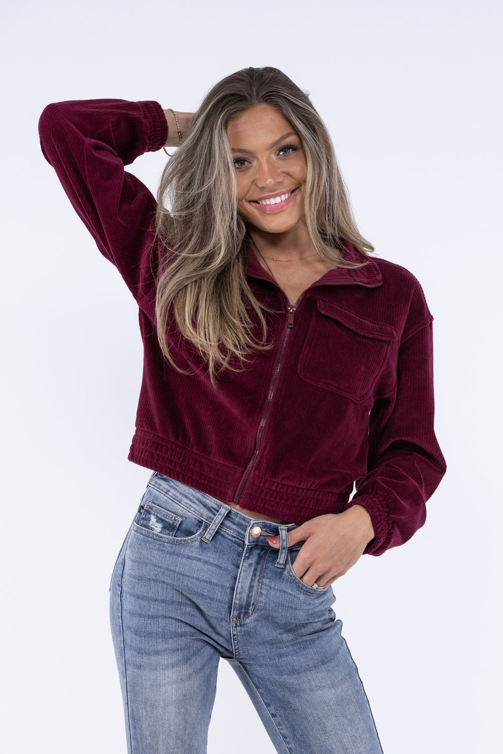 Doin It Right Women's Zip Up Cropped Corduroy Jacket
