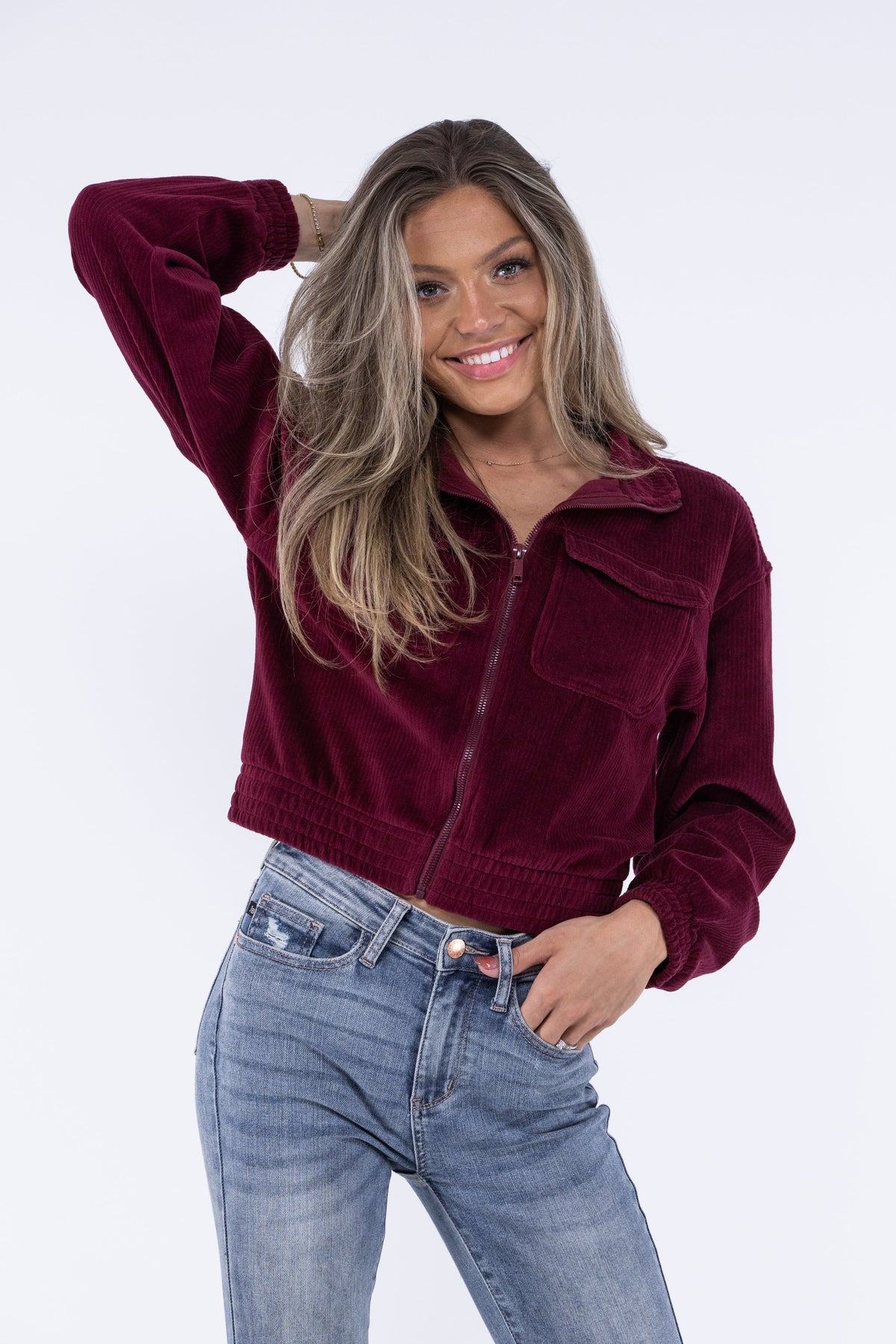 Doin It Right Women's Zip Up Cropped Corduroy Jacket