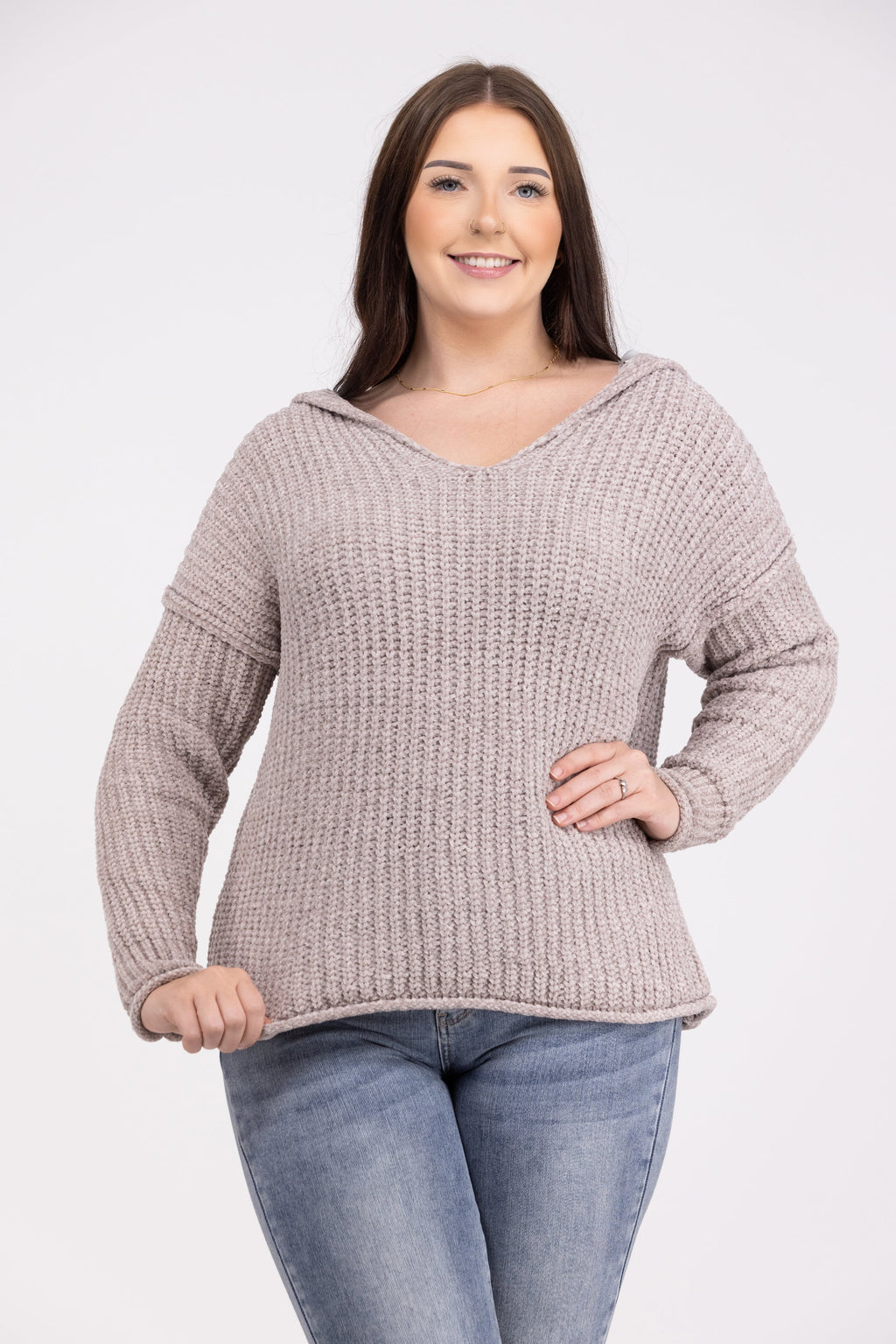 Stealing Hearts Women's Knit V-Neck Hooded Sweater