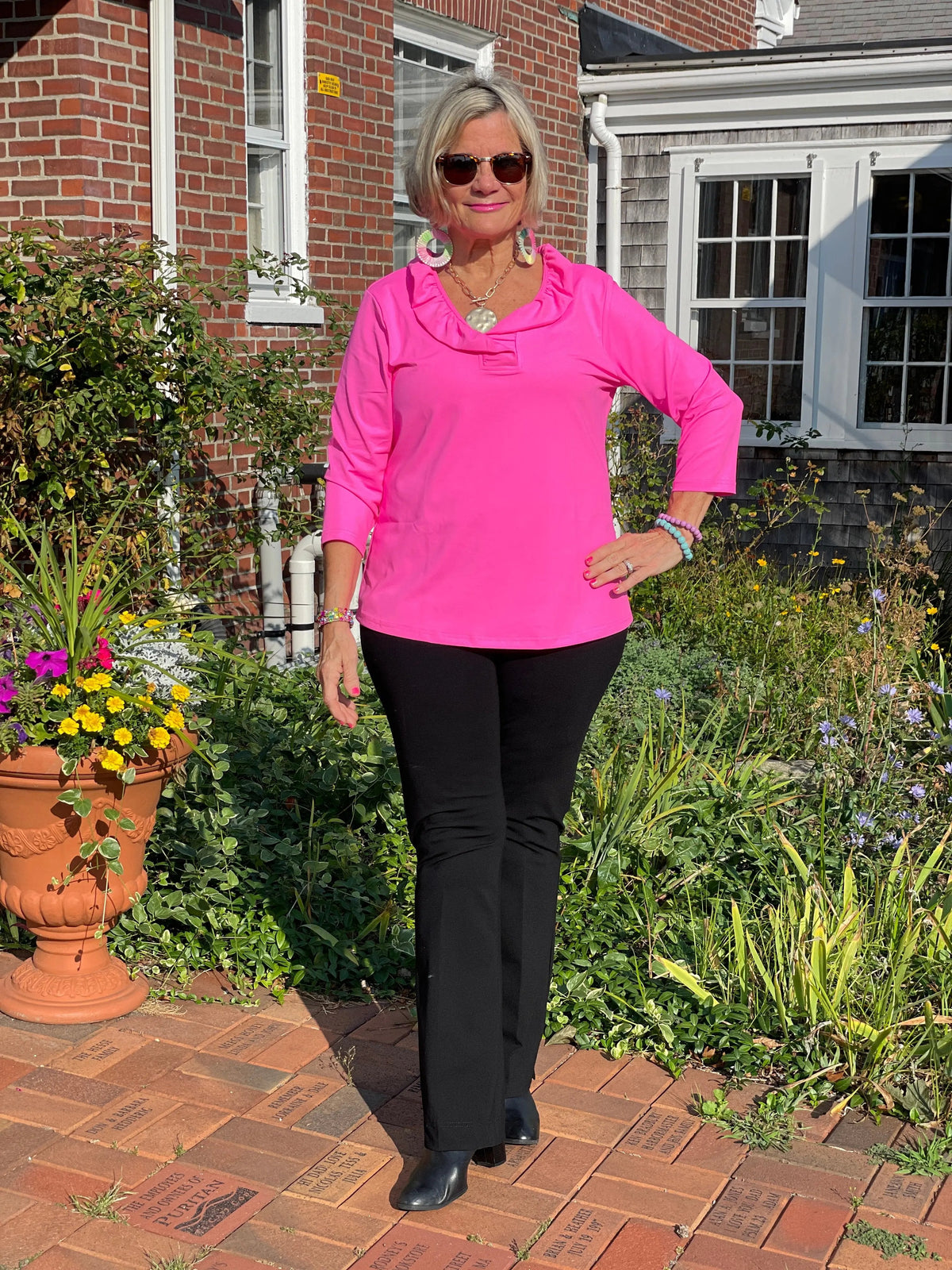 LULU-B HOT PINK SOLID RUFFFLE TOP